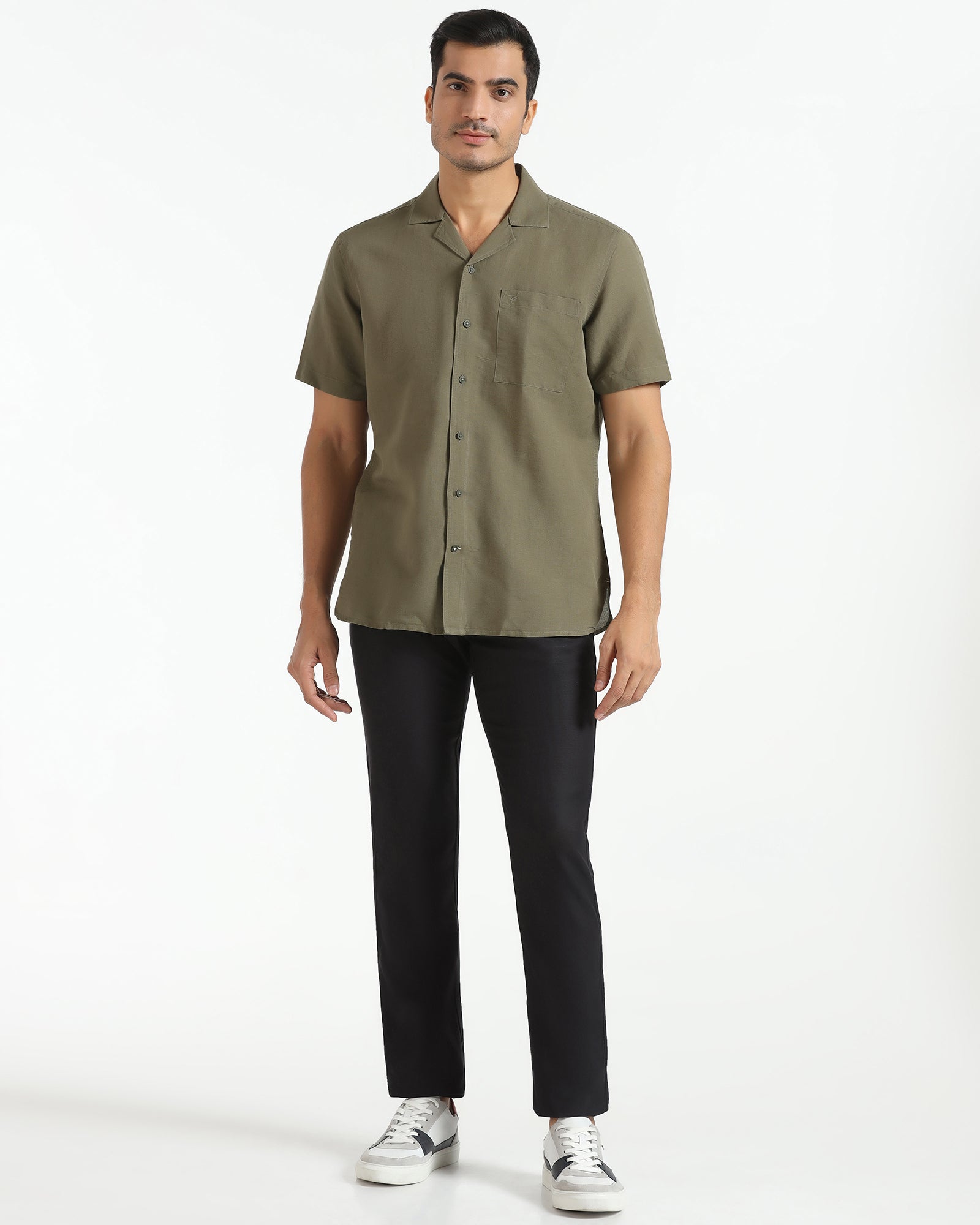 Olive Linen Half Sleeve Solid Shirt - Maison