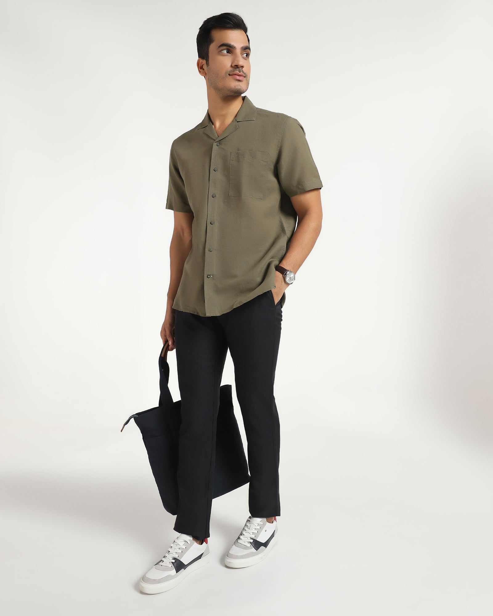 Olive Linen Half Sleeve Solid Shirt - Maison