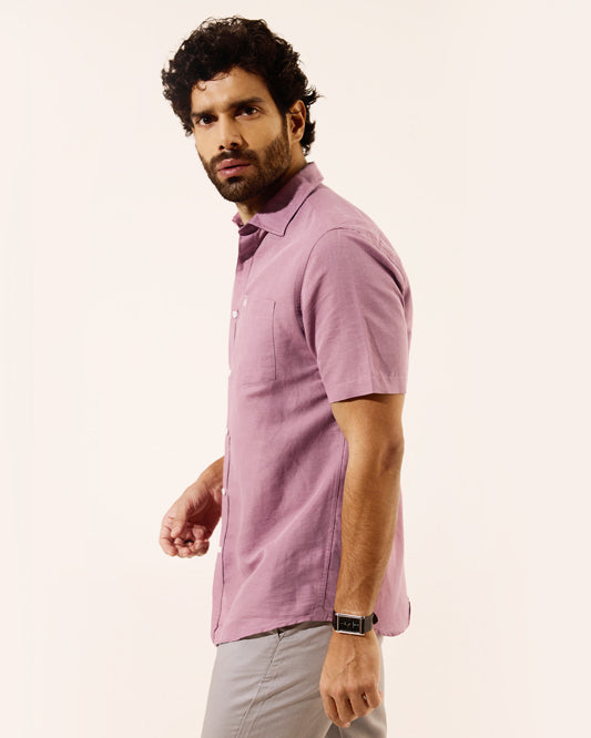 Linen Casual Half Sleeve Pink Solid Shirt - Salmon