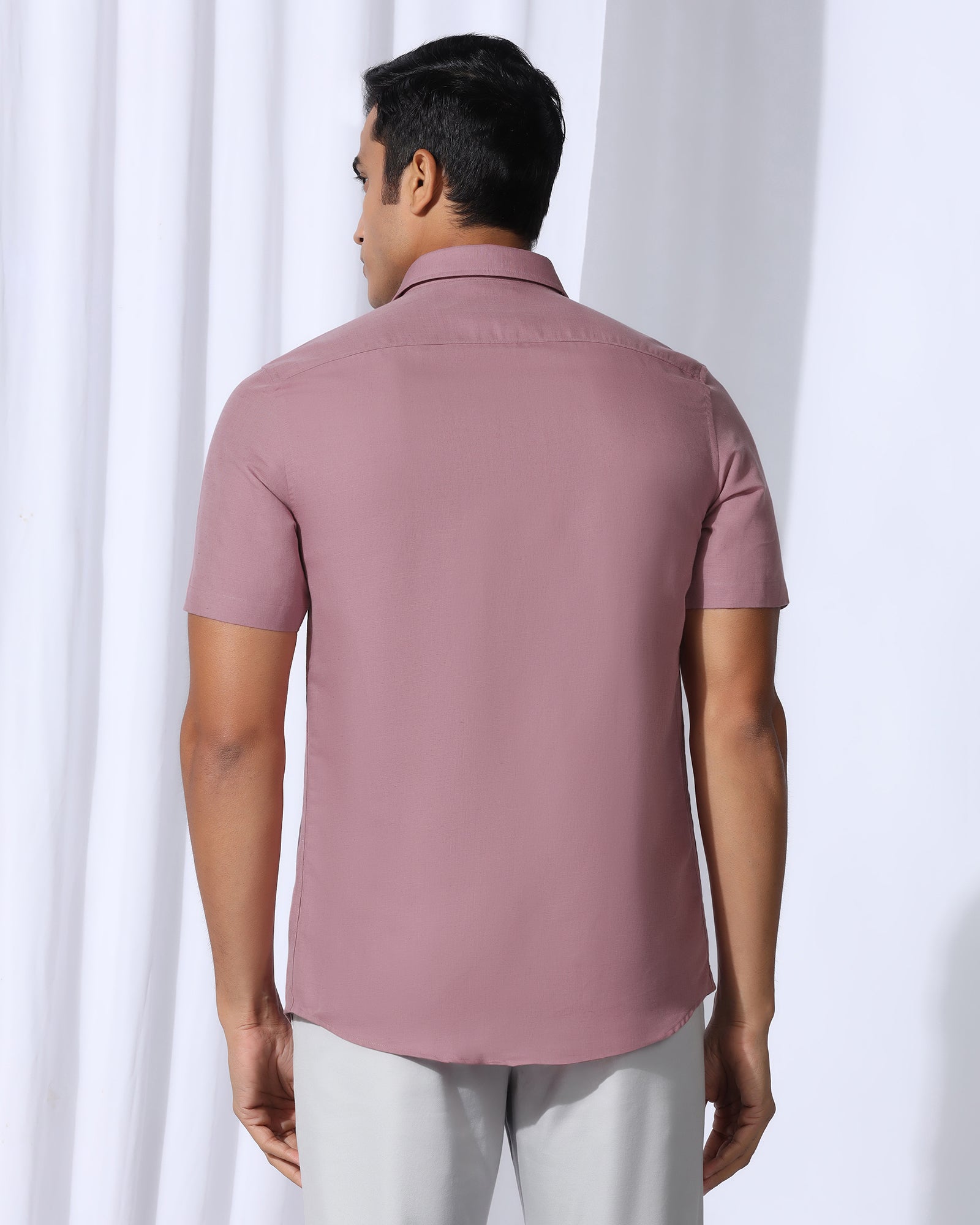 Linen Casual Half Sleeve Pink Solid Shirt - Salmon