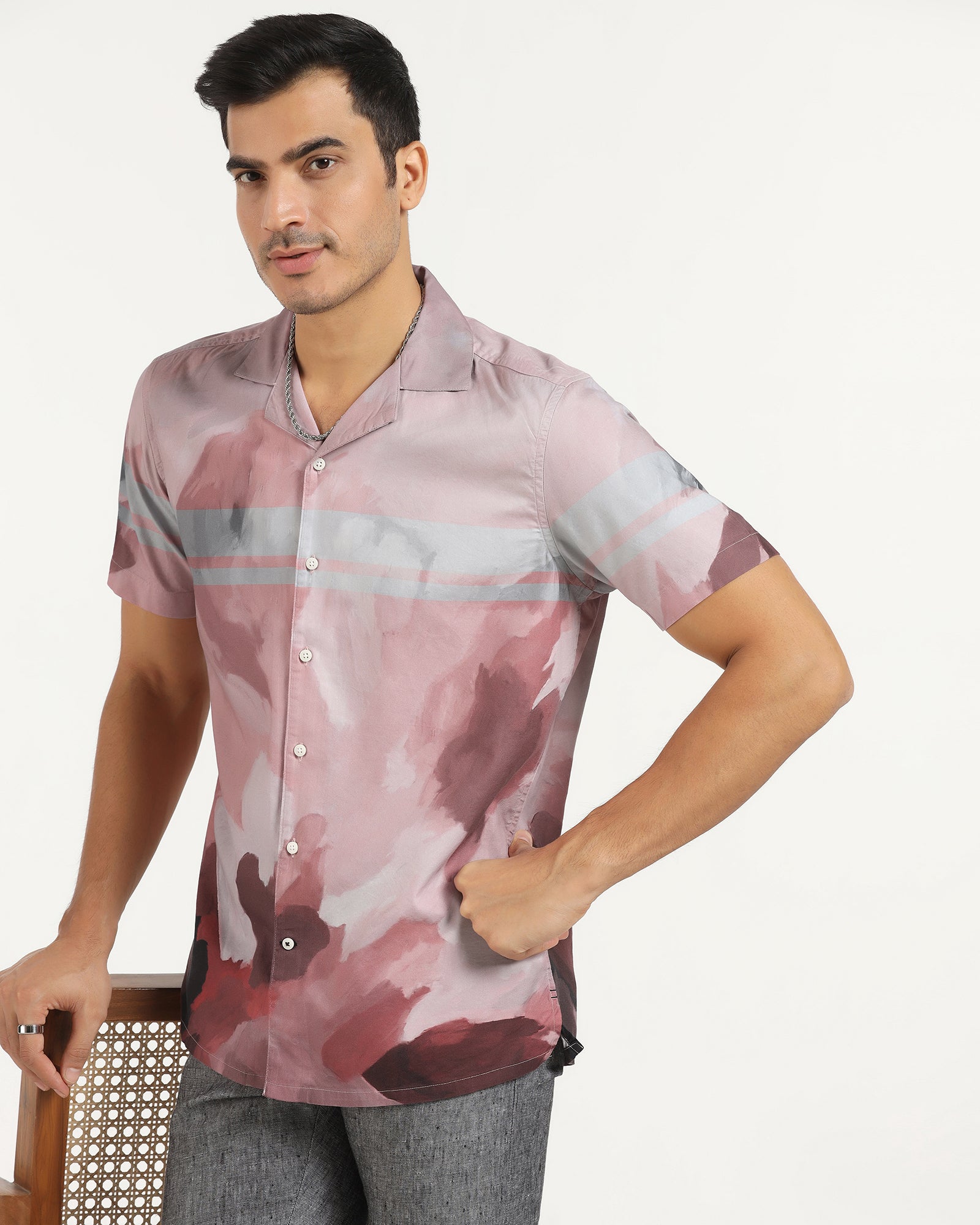 Linen Casual Half Sleeve Red Printed Shirt - avery