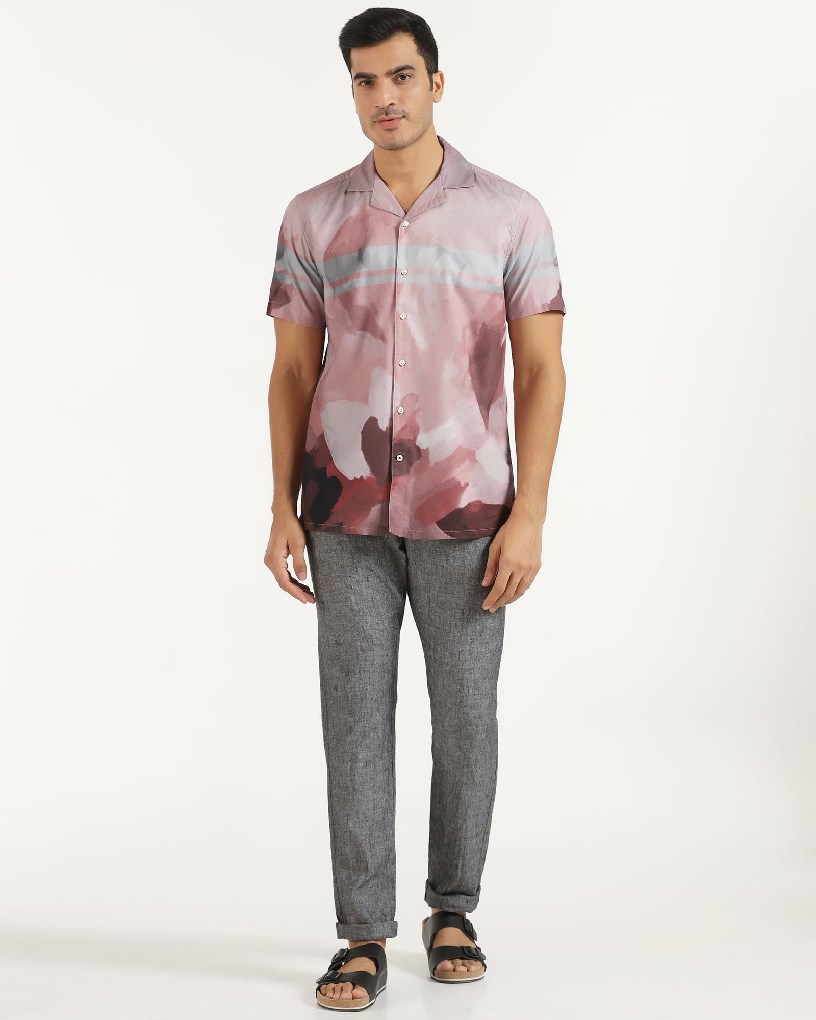 Linen Casual Half Sleeve Red Printed Shirt - avery