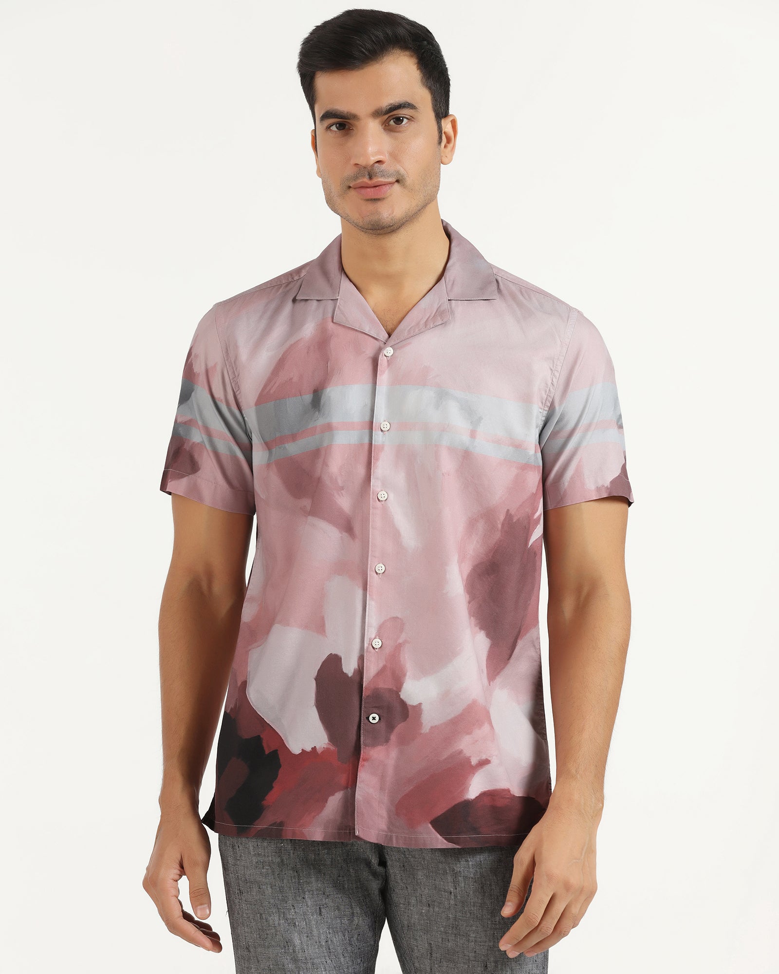 Linen Casual Half Sleeve Red Printed Shirt - avery