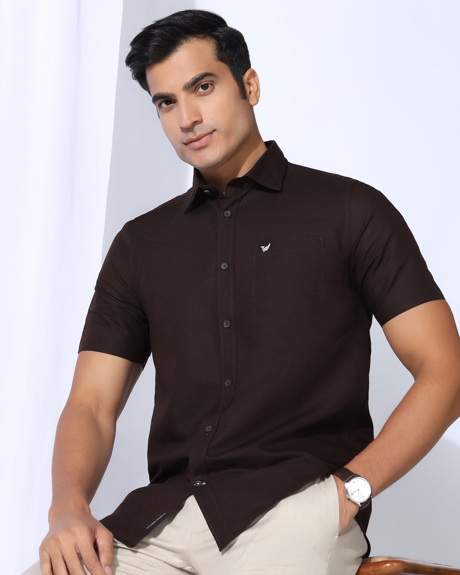 Linen Casual Half Sleeve Tan Solid Shirt - Salmon