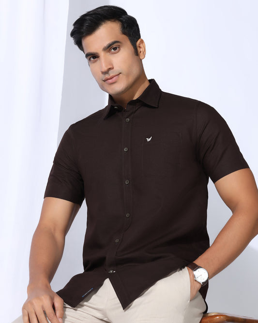 Linen Casual Half Sleeve Tan Solid Shirt - Salmon