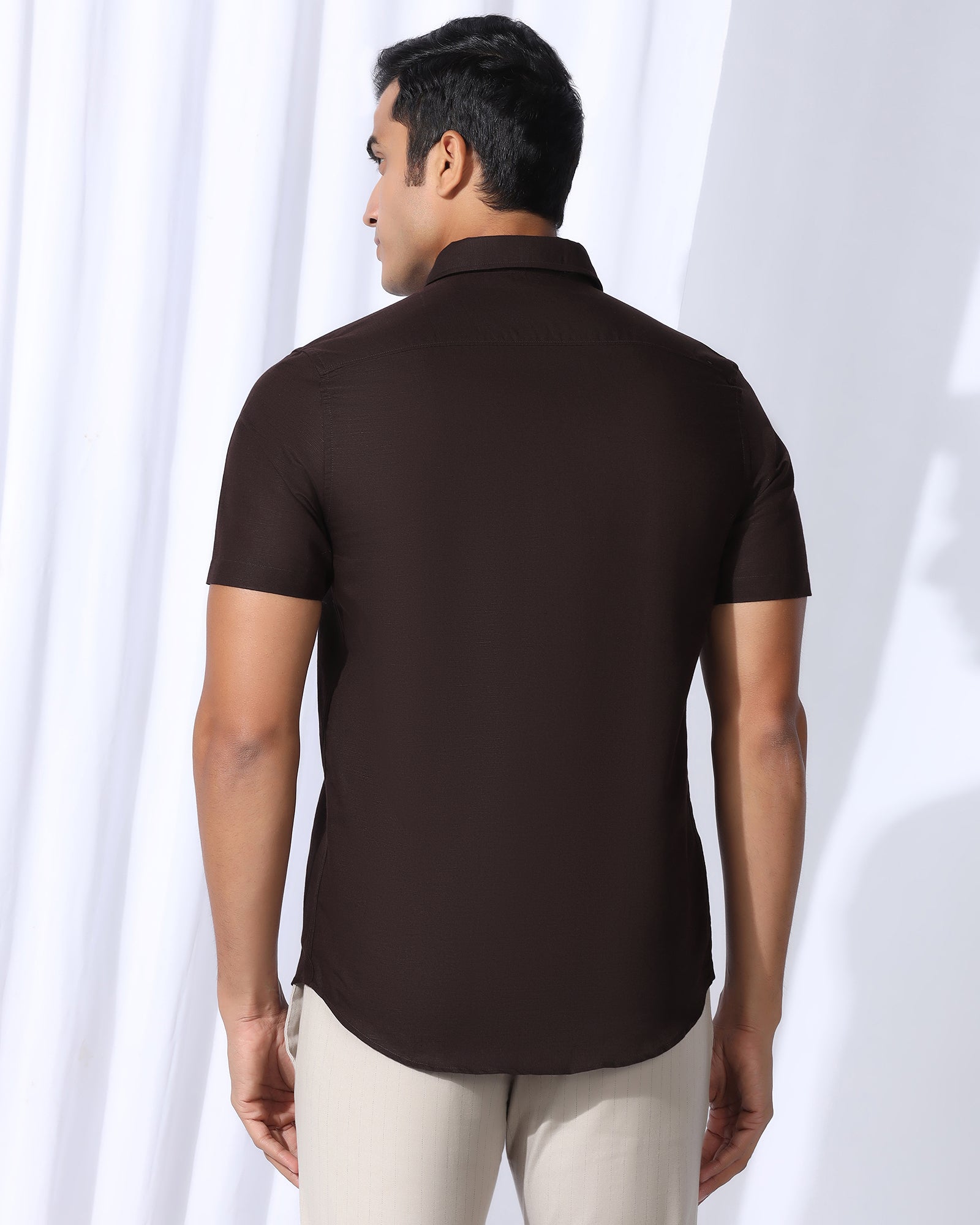 Linen Casual Half Sleeve Tan Solid Shirt - Salmon