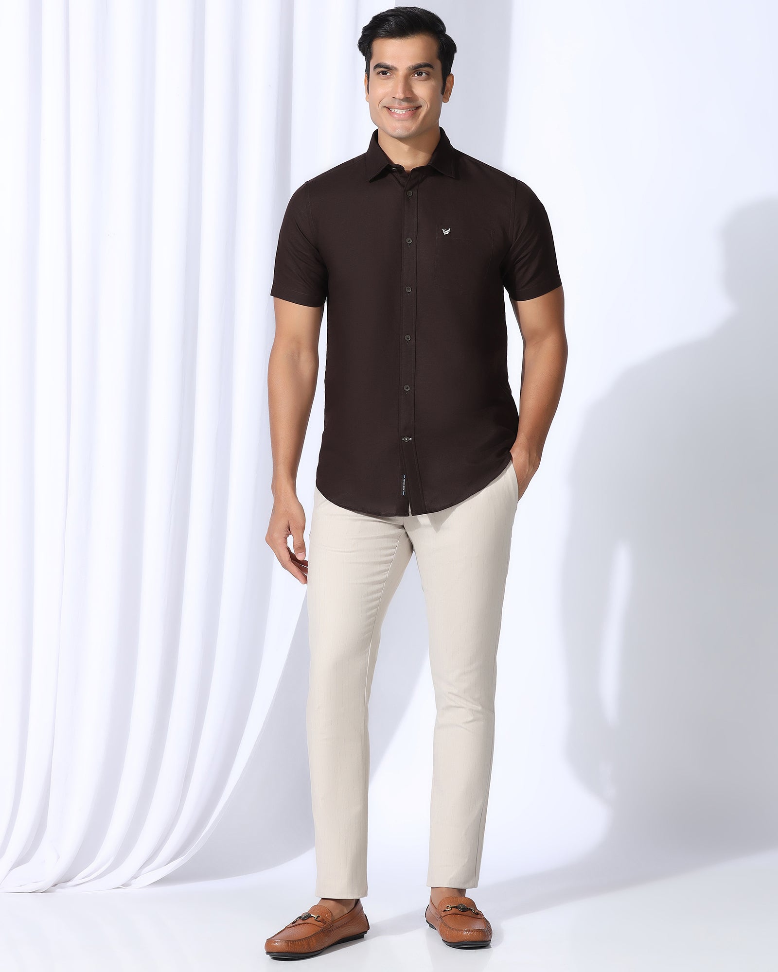 Linen Casual Half Sleeve Tan Solid Shirt - Salmon