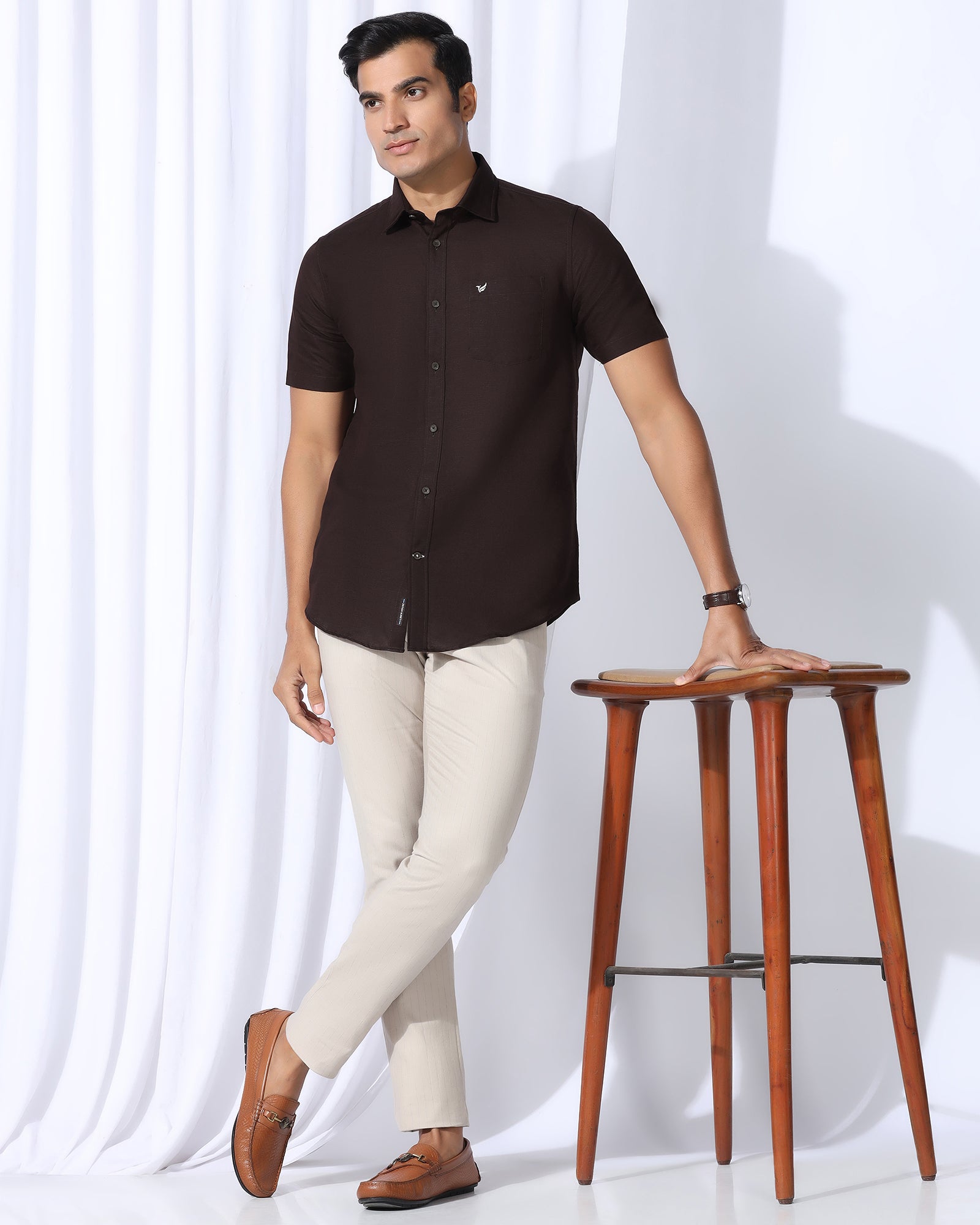 Linen Casual Half Sleeve Tan Solid Shirt - Salmon