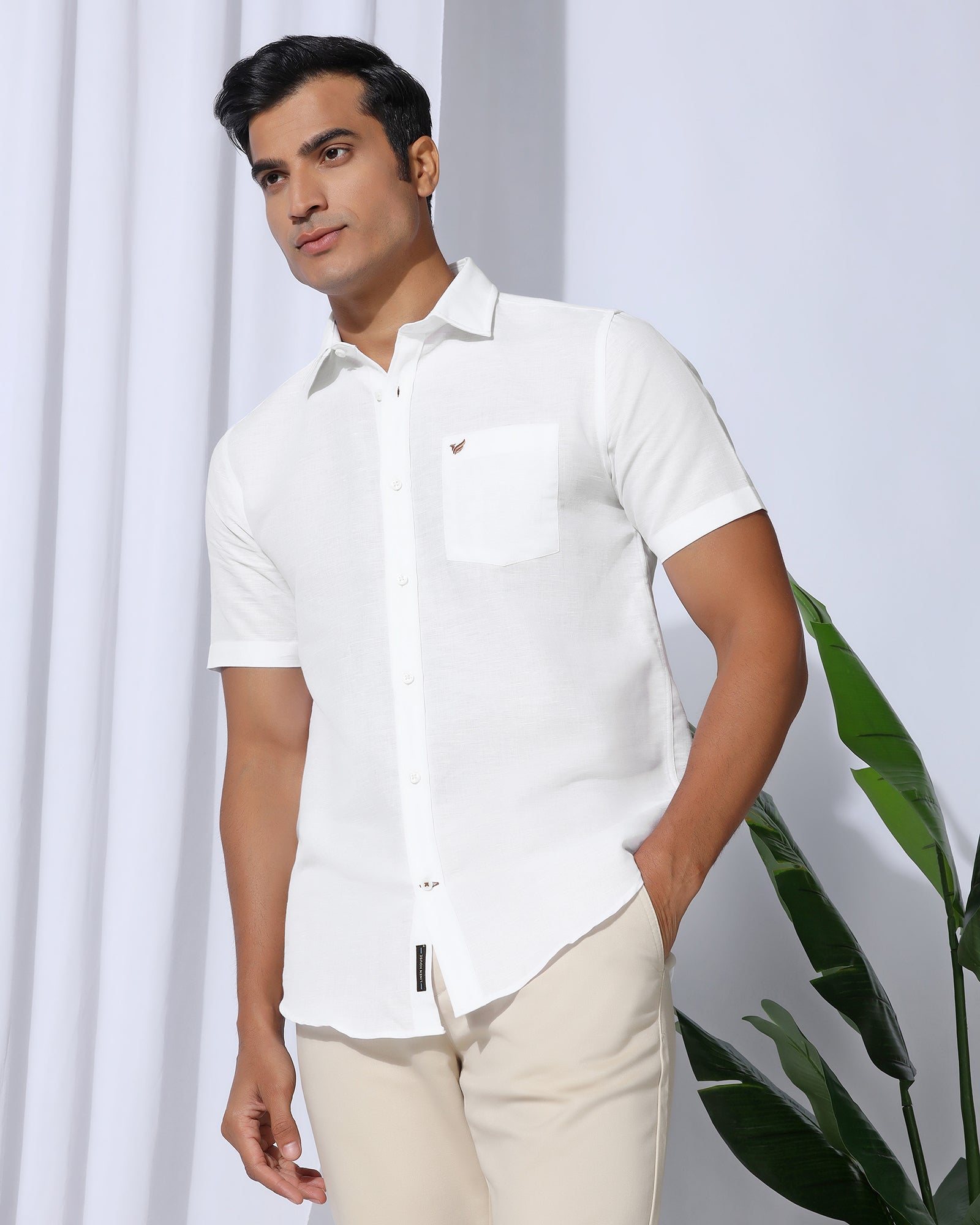 Linen Casual Half Sleeve White Solid Shirt - Salmon