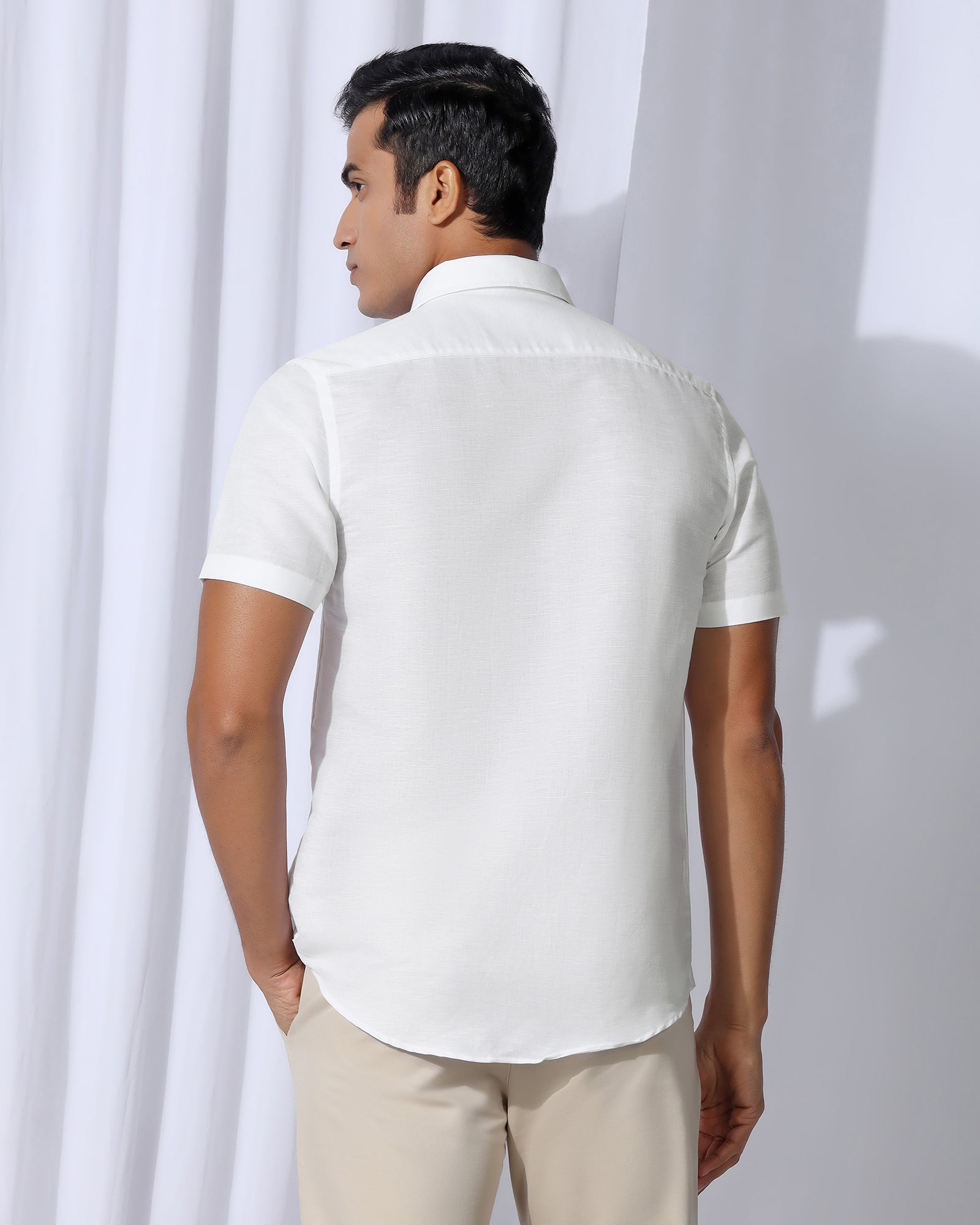 Linen Casual Half Sleeve White Solid Shirt - Salmon