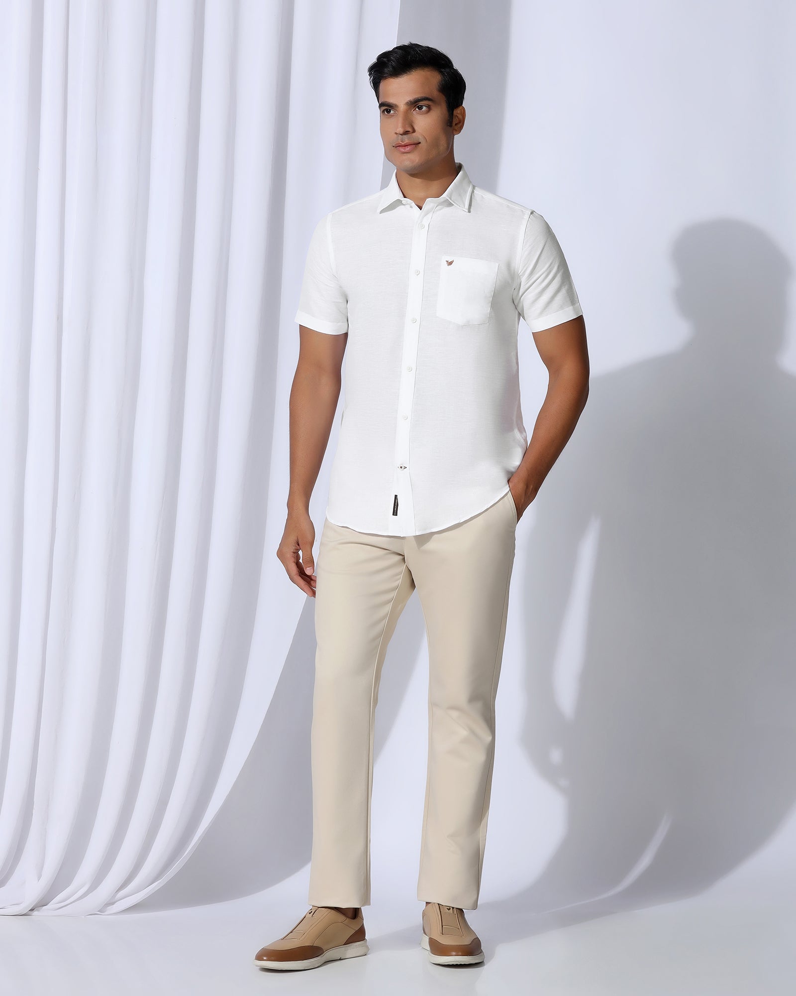 Linen Casual Half Sleeve White Solid Shirt - Salmon