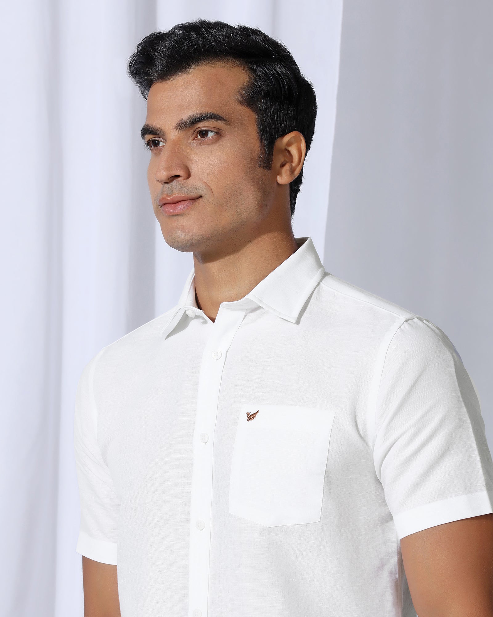 Linen Casual Half Sleeve White Solid Shirt - Salmon