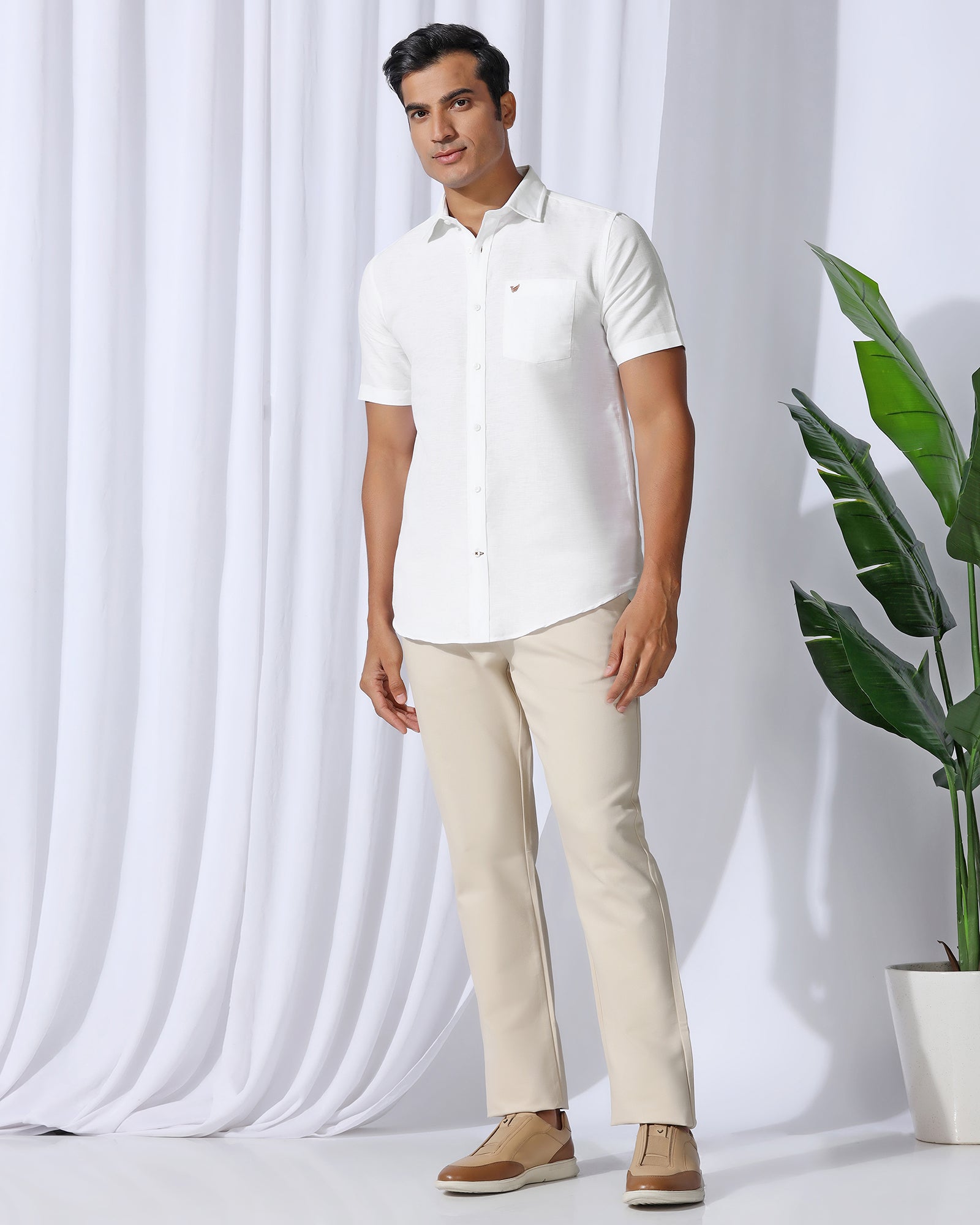 Linen Casual Half Sleeve White Solid Shirt - Salmon