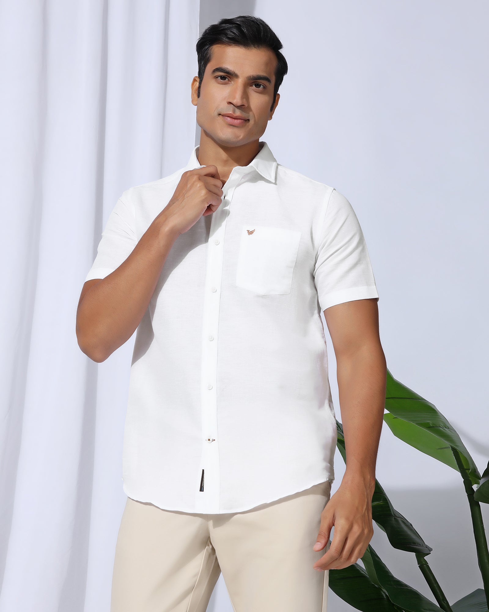 Linen Casual Half Sleeve White Solid Shirt - Salmon