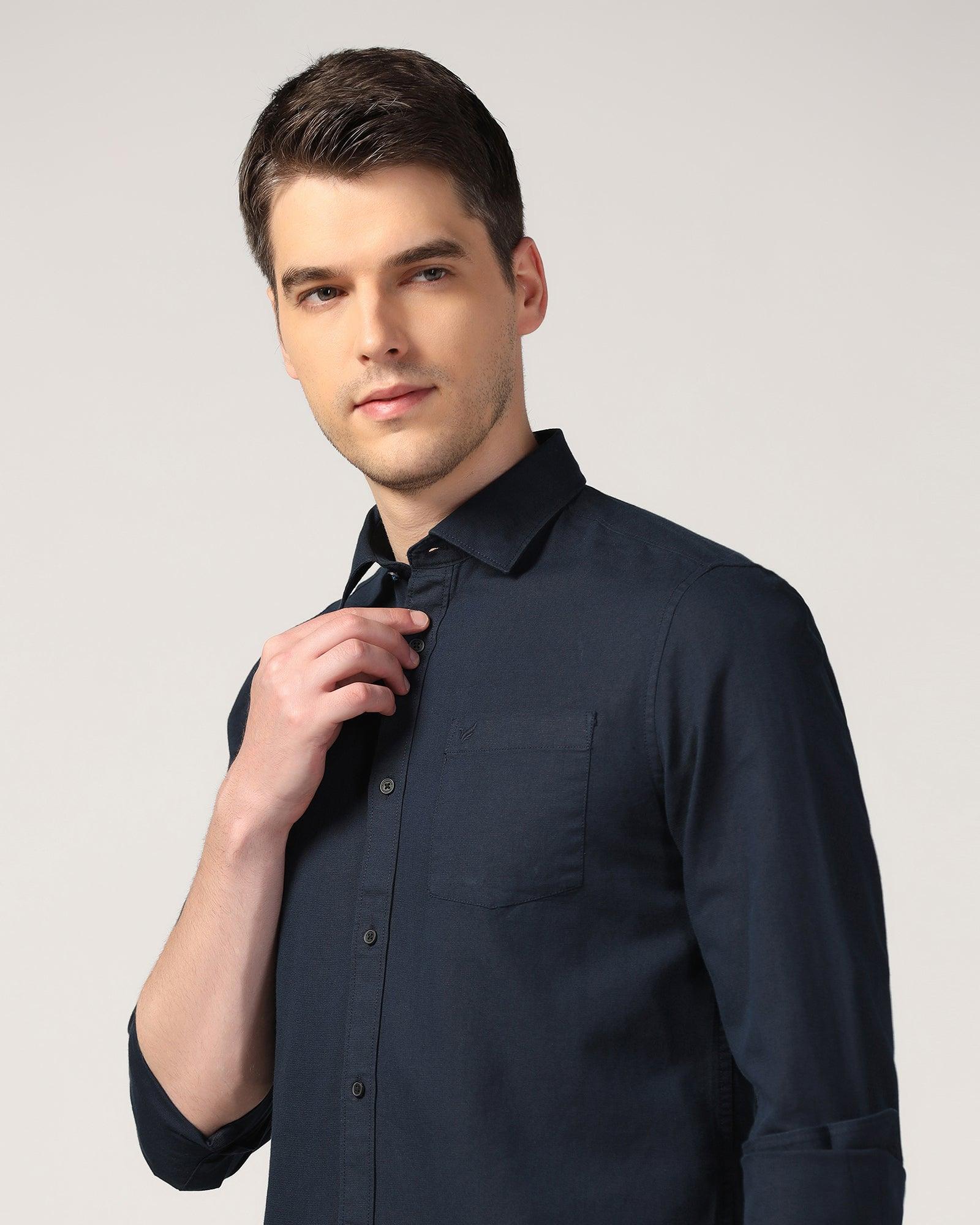 Linen Casual Navy Solid Shirt - Lang - Blackberrys
