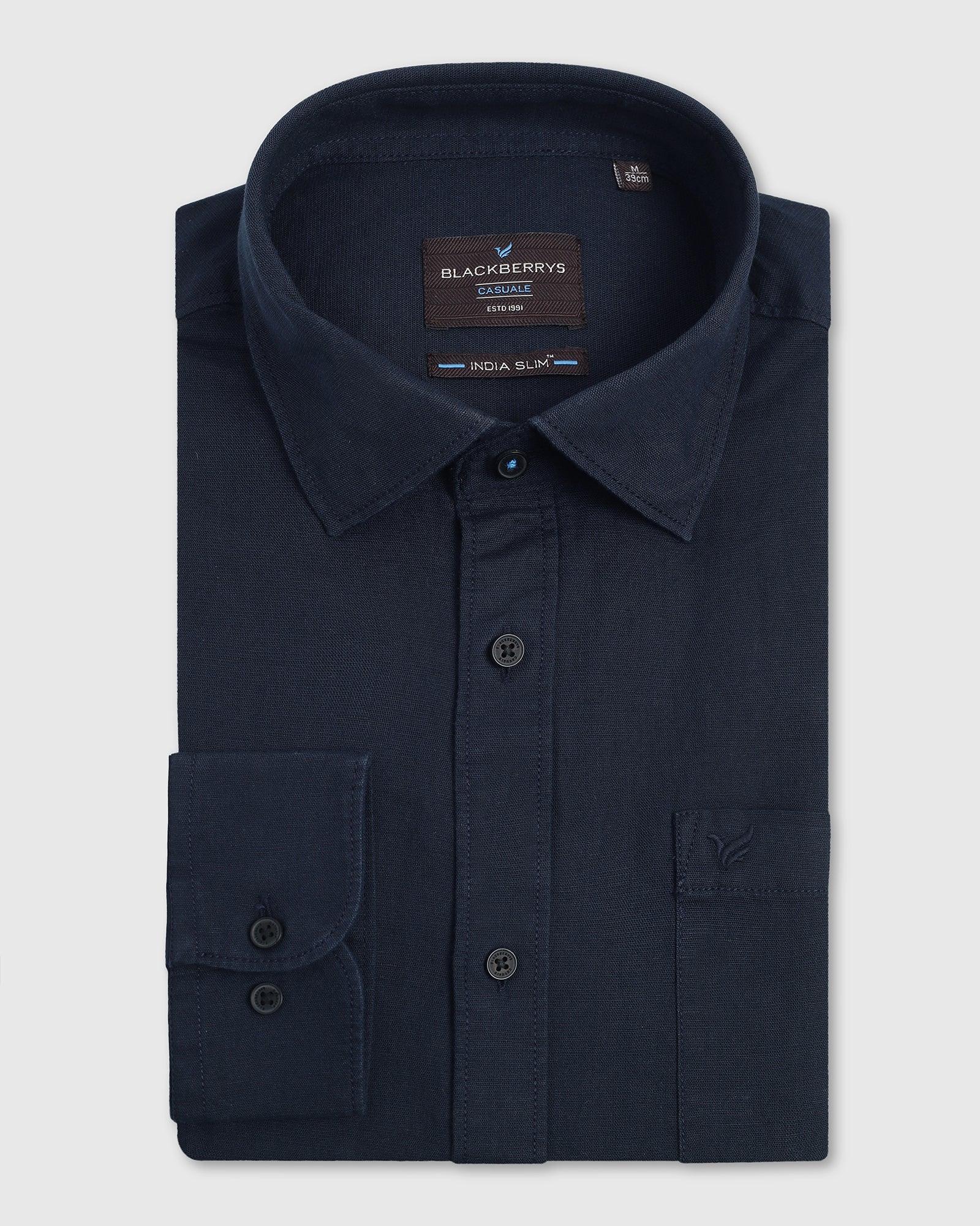 Linen Casual Navy Solid Shirt - Lang - Blackberrys