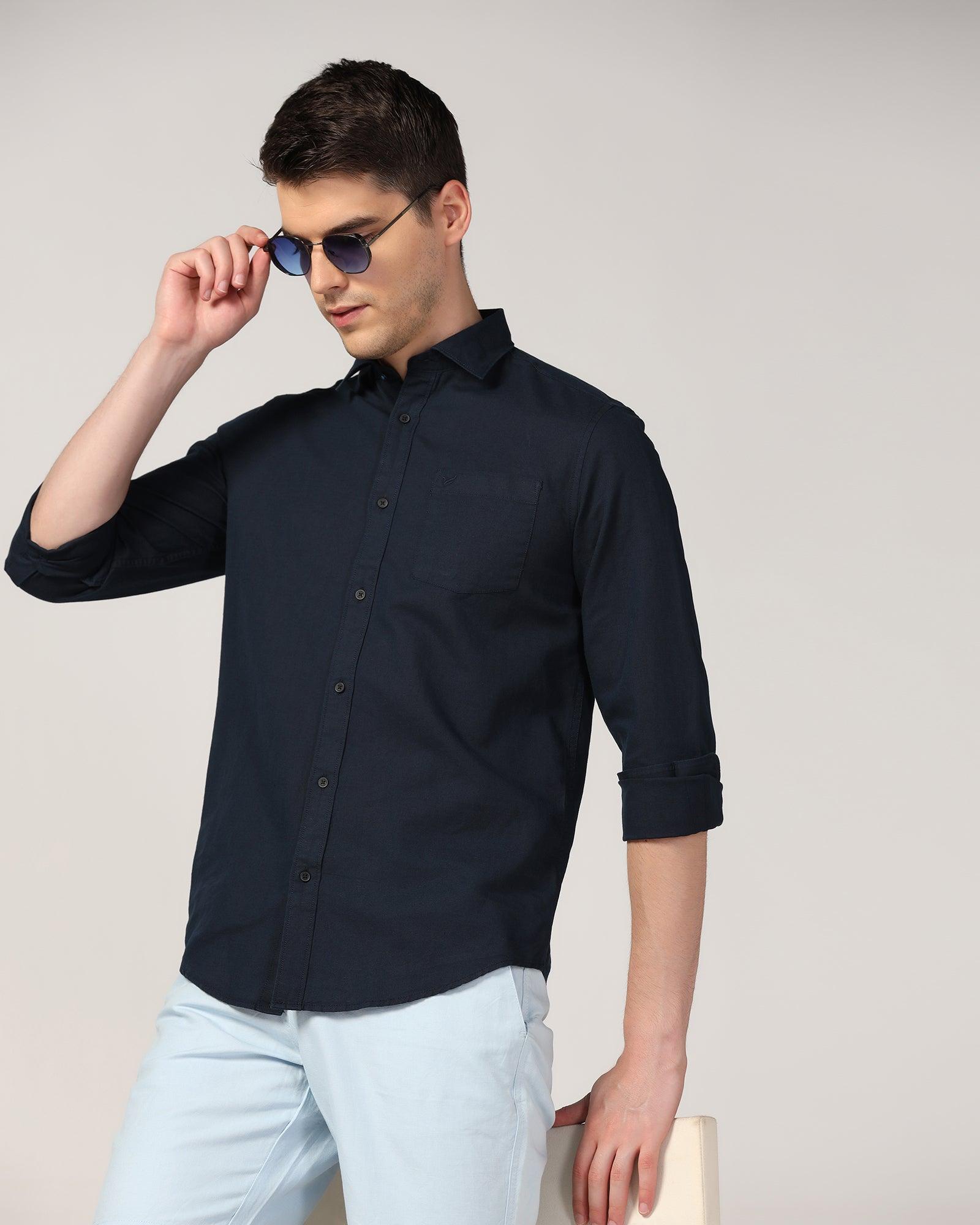 Linen Casual Navy Solid Shirt - Lang - Blackberrys