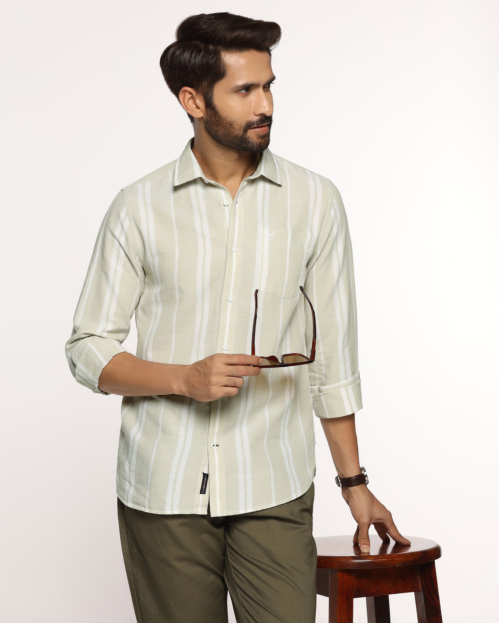 Linen Casual Pistachio Stripe Shirt - Breton