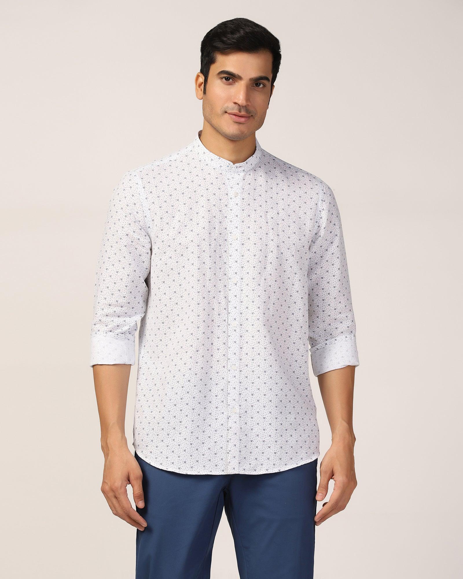 Linen Casual White Printed Shirt - Leaf - Blackberrys