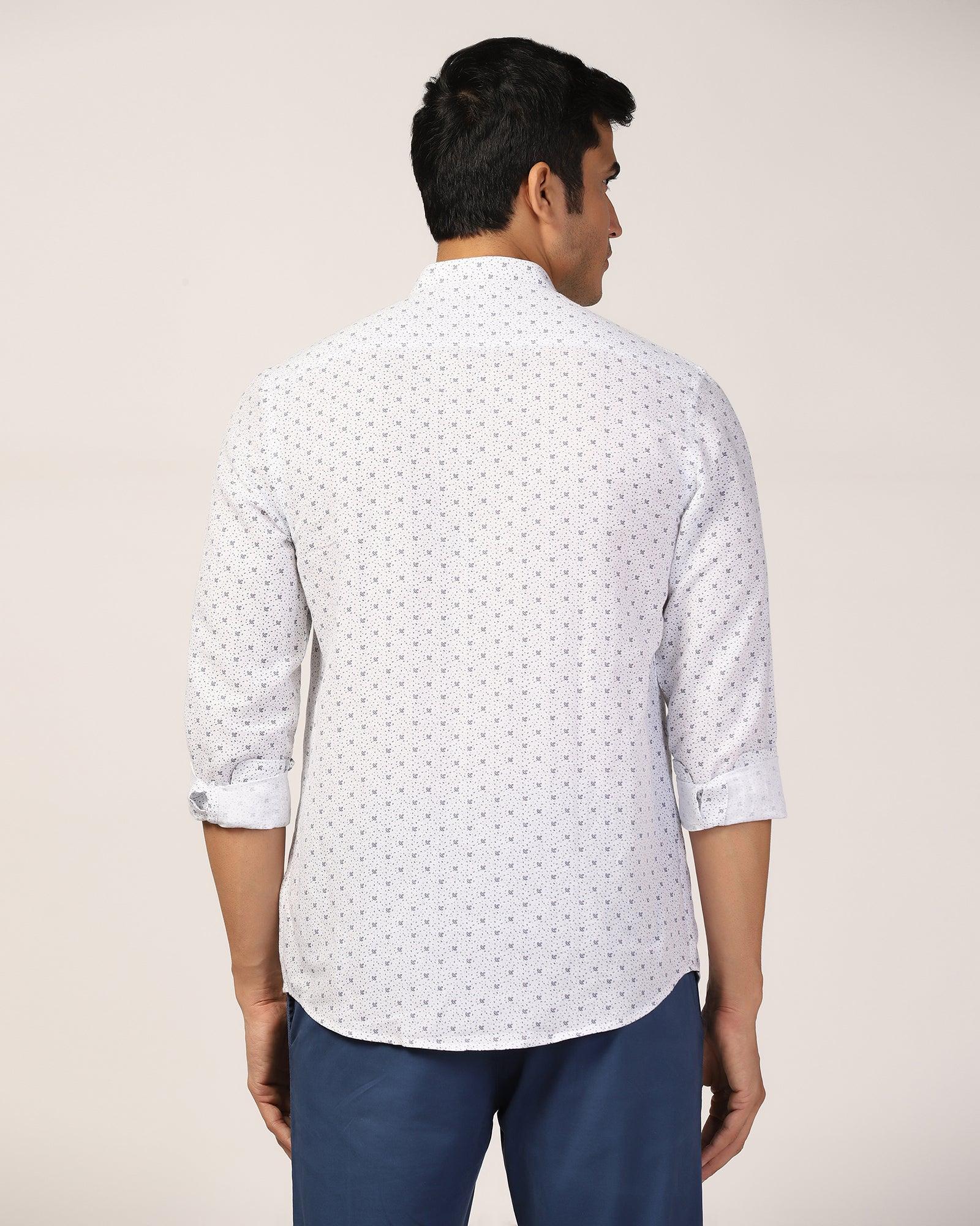 Linen Casual White Printed Shirt - Leaf - Blackberrys