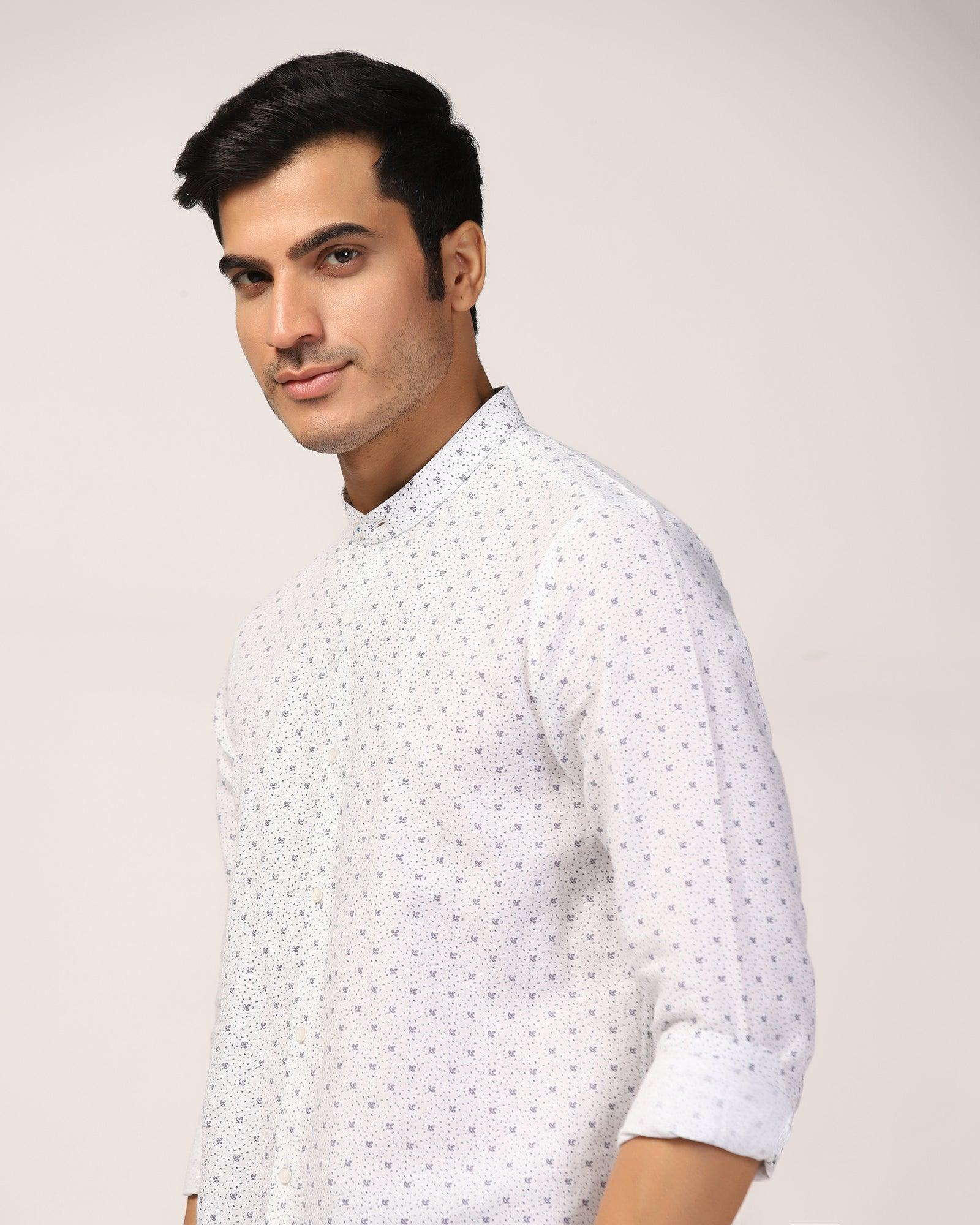 Linen Casual White Printed Shirt - Leaf - Blackberrys