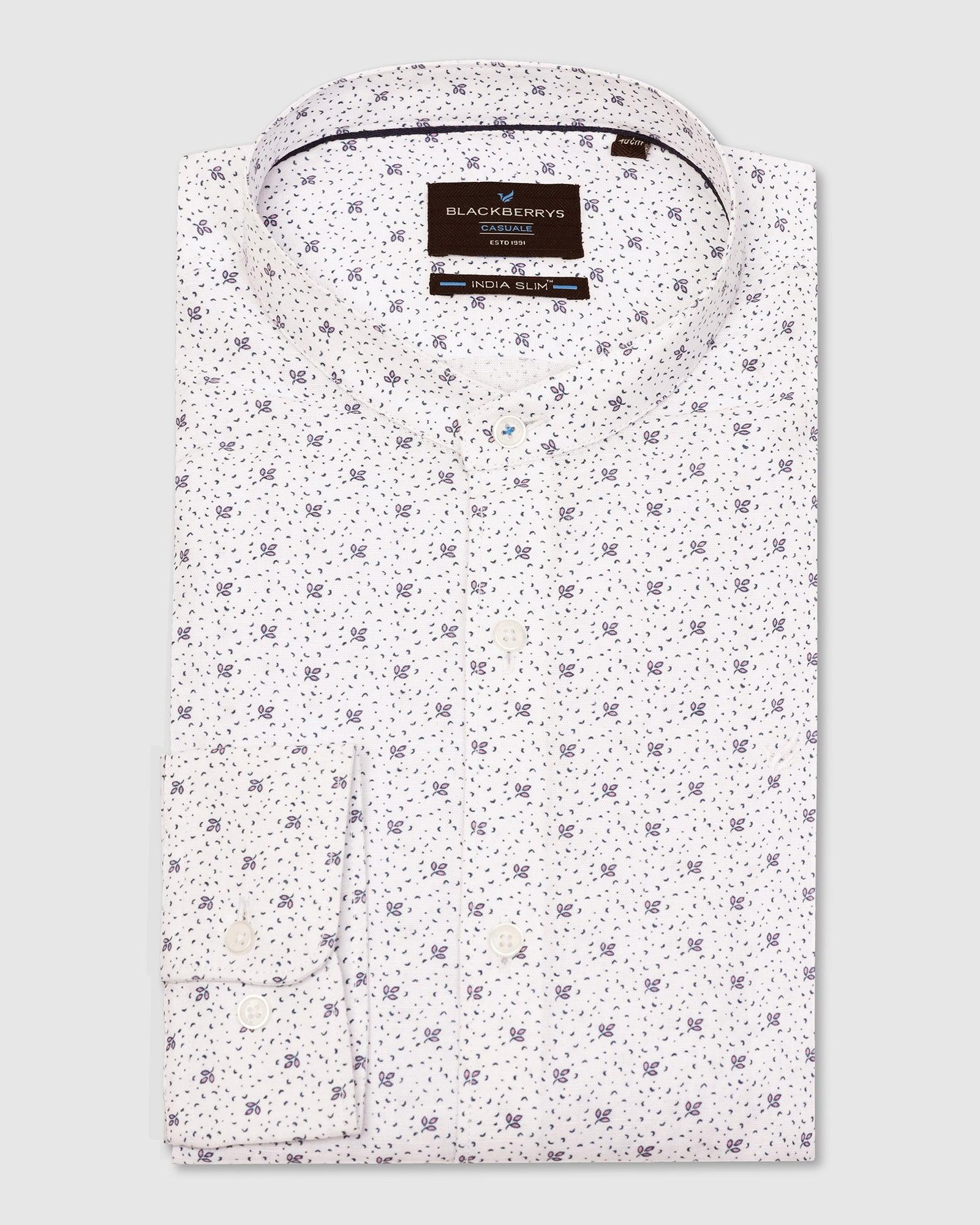 Linen Casual White Printed Shirt - Leaf - Blackberrys