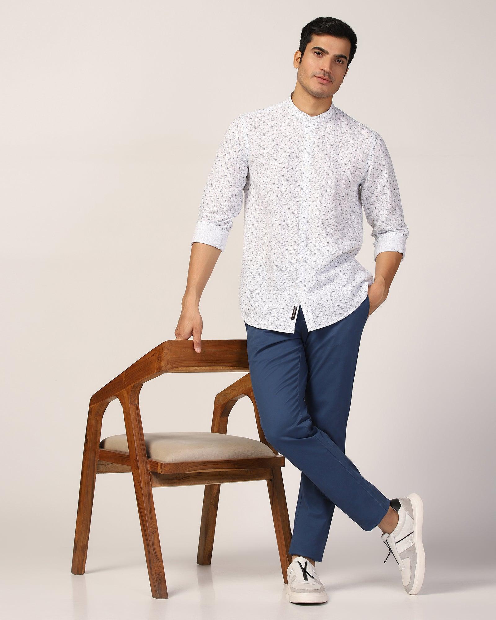 Linen Casual White Printed Shirt - Leaf - Blackberrys