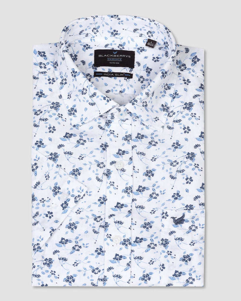 Linen Casual Half Sleeve White Printed Shirt - Nigel