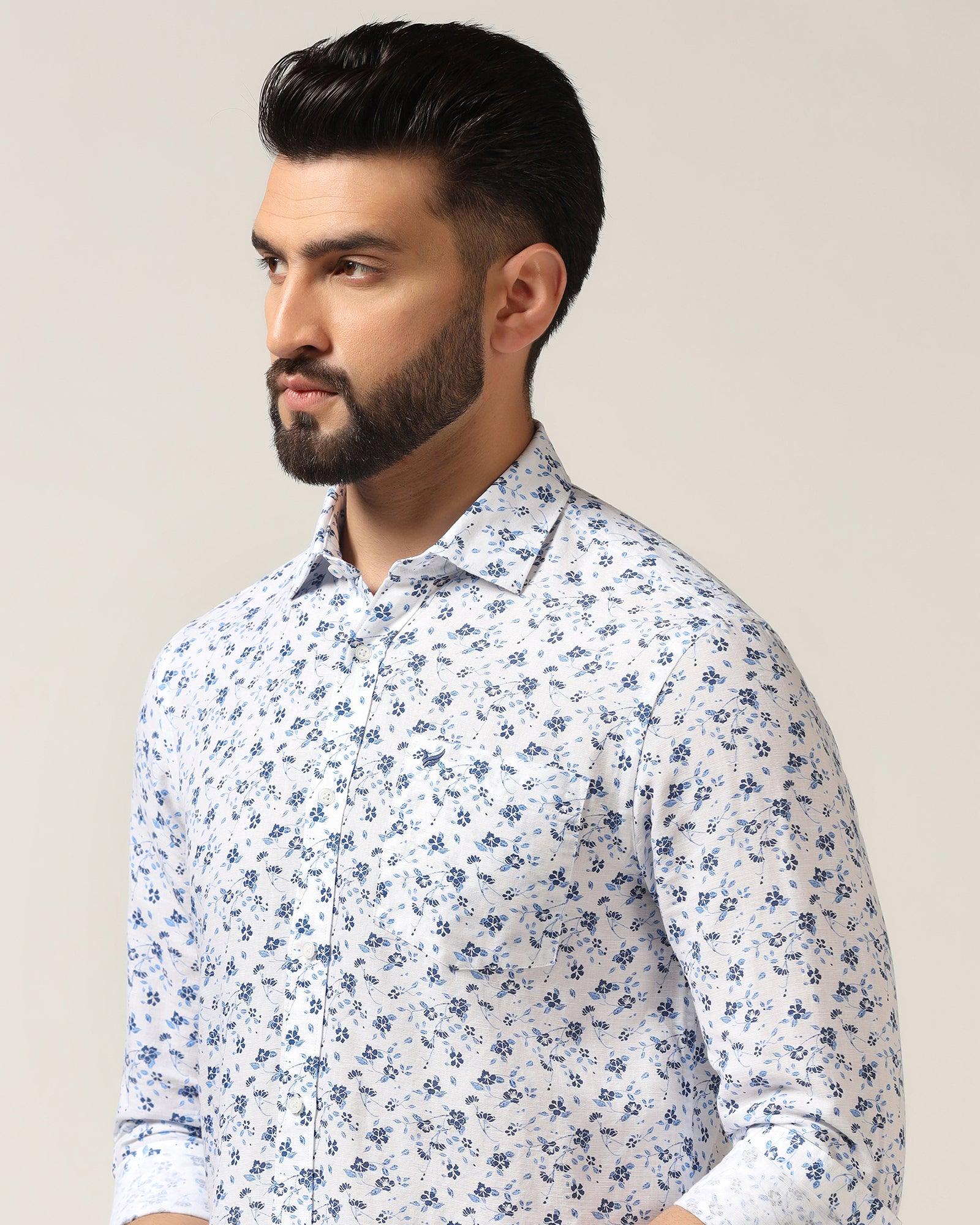Linen Casual White Printed Shirt Nigel - Blackberrys