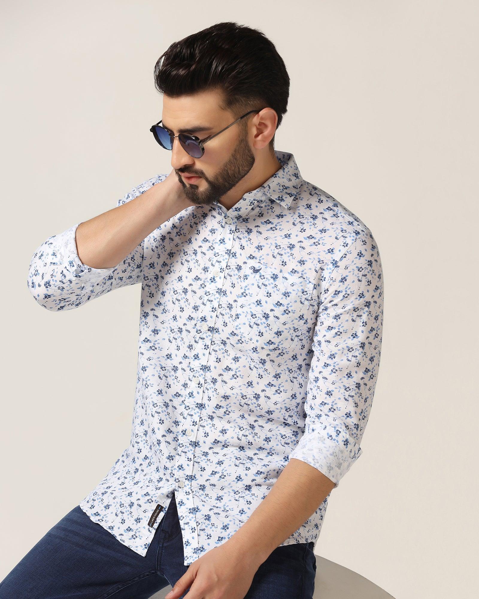 Linen Casual White Printed Shirt Nigel - Blackberrys