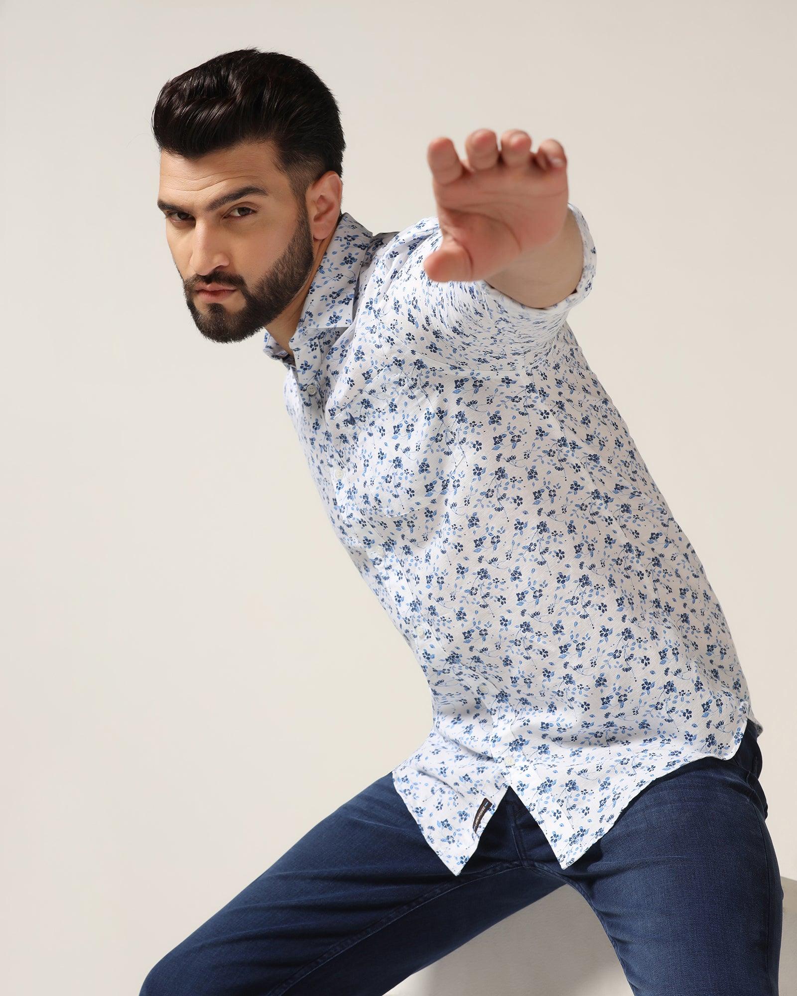 Linen Casual White Printed Shirt Nigel - Blackberrys
