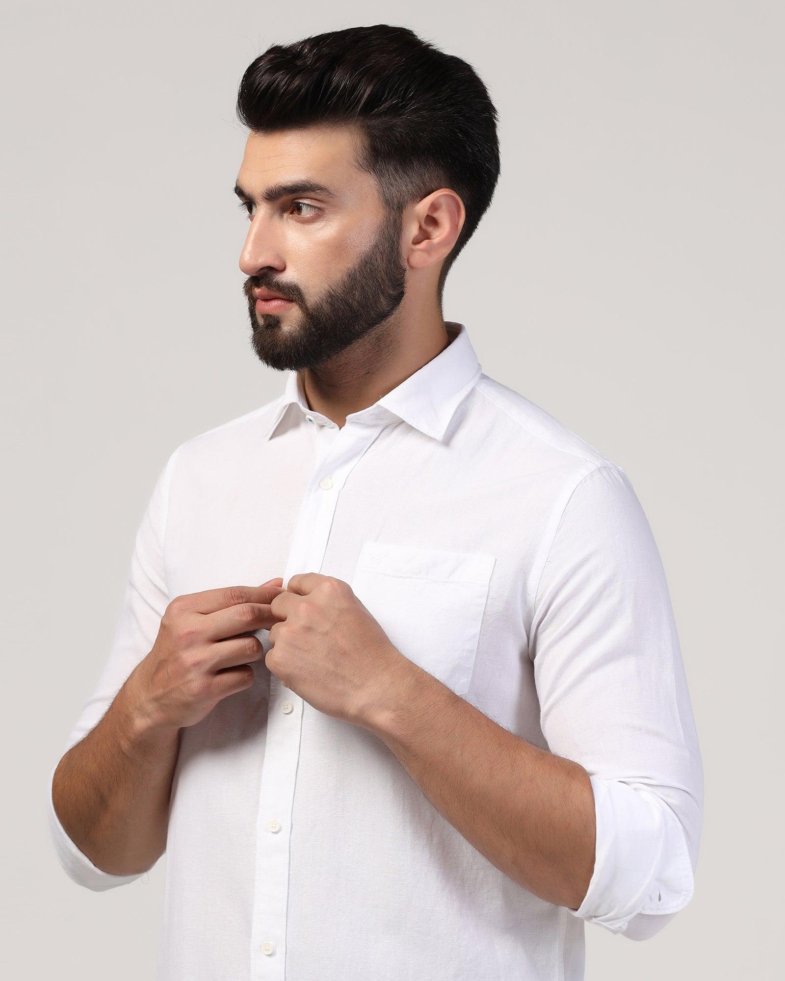 Linen Casual White Solid Shirt - Lang - Blackberrys