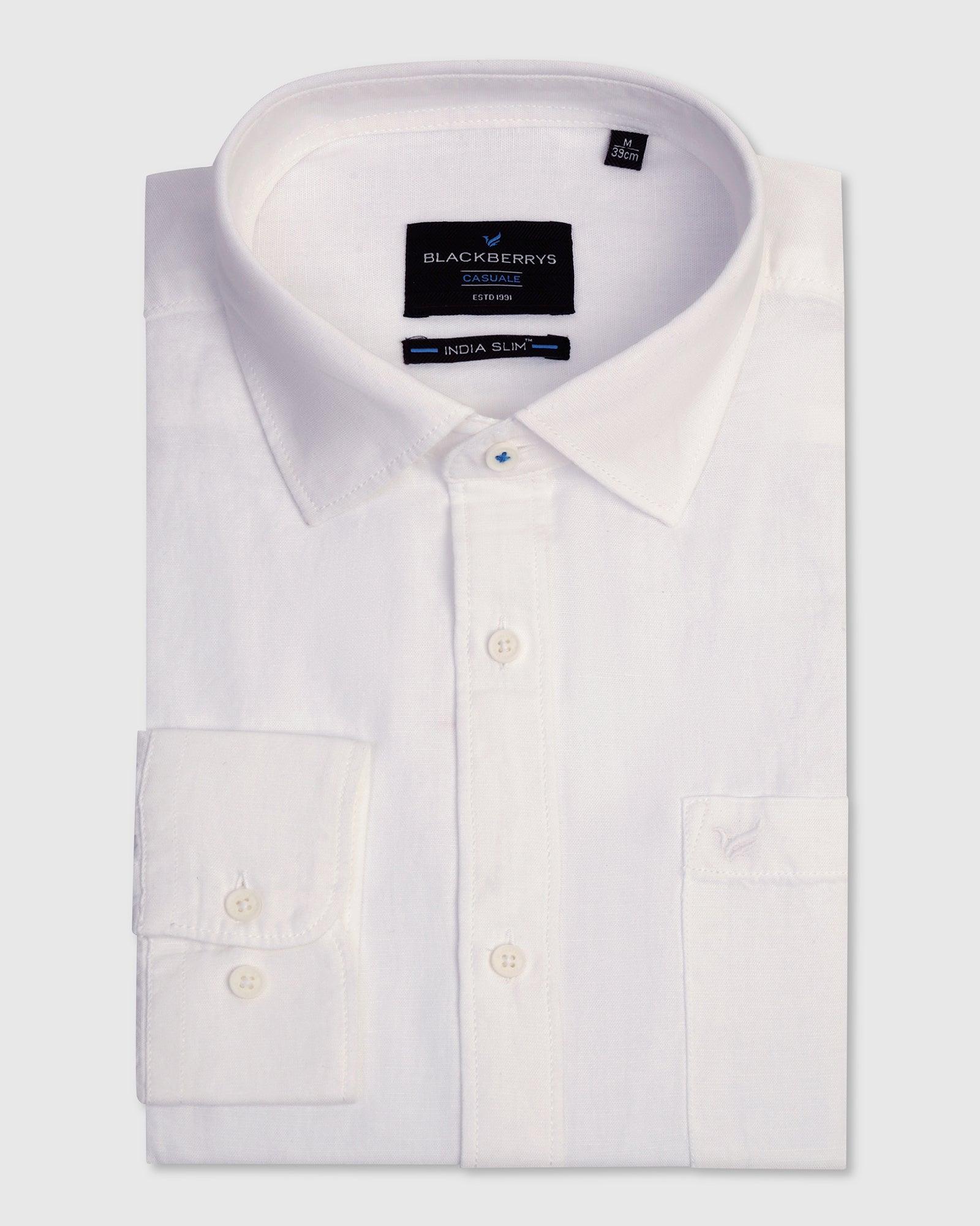 Linen Casual White Solid Shirt - Lang - Blackberrys