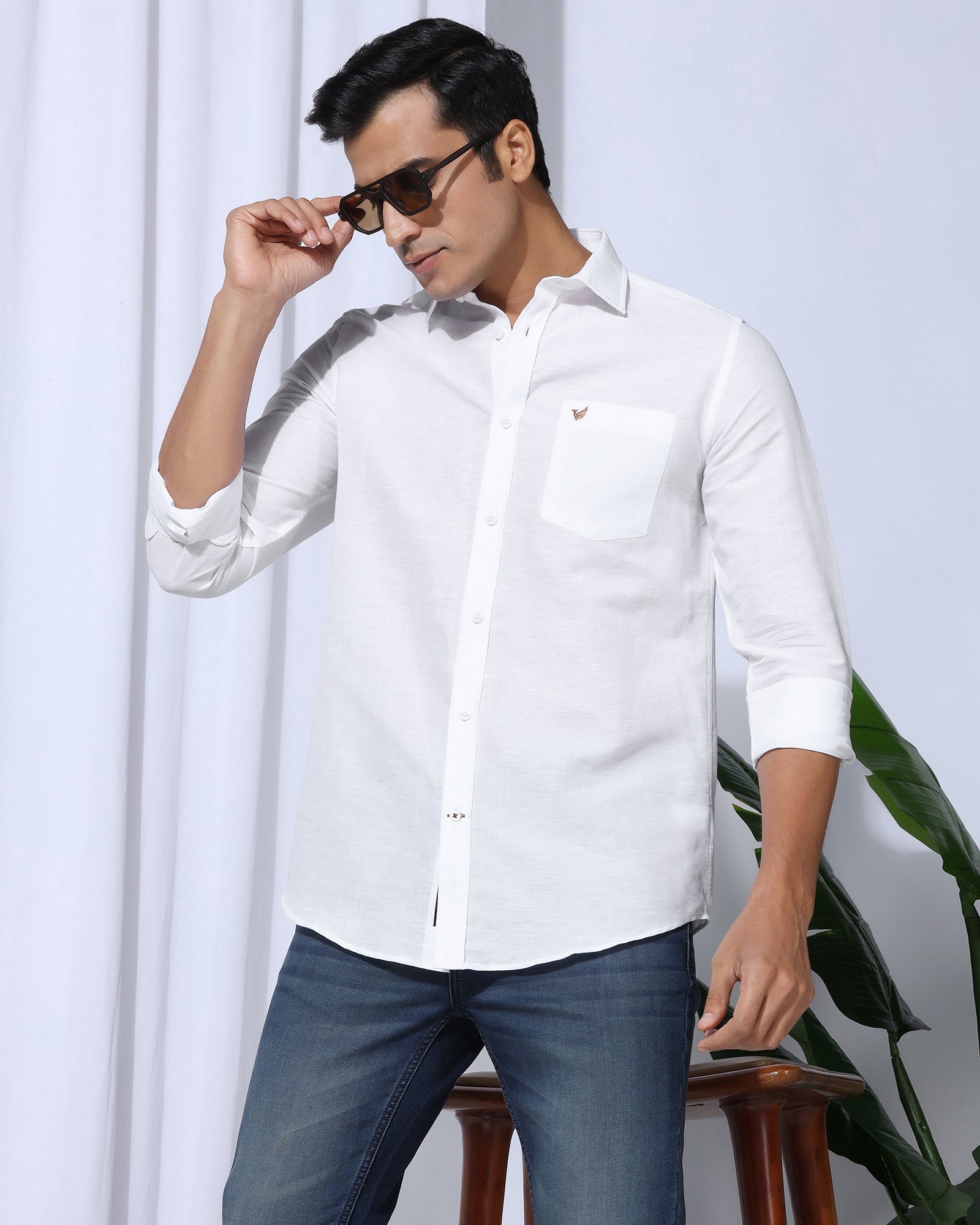 Linen Casual White Solid Shirt - Salmon