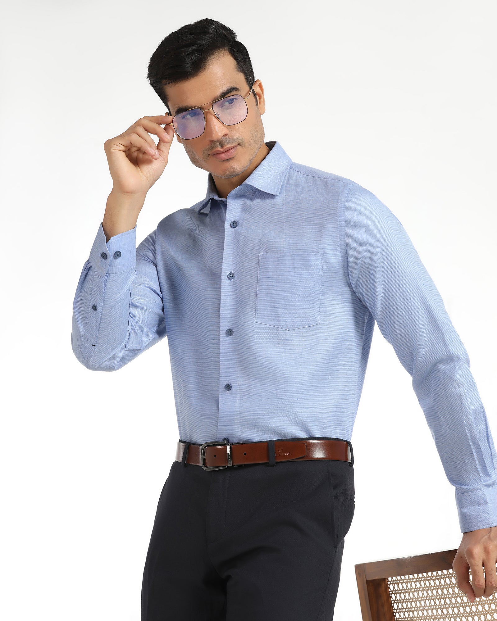 Linen Formal Blue Textured Shirt - Sand