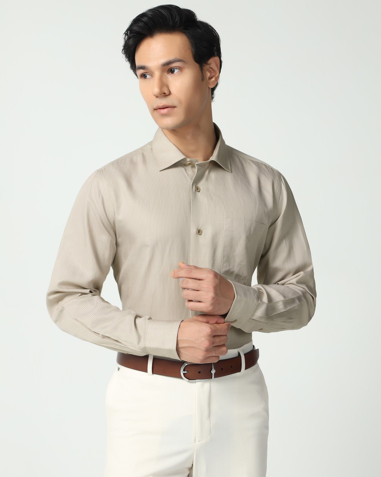 Linen Formal Ecru Stripe Shirt - Savoy