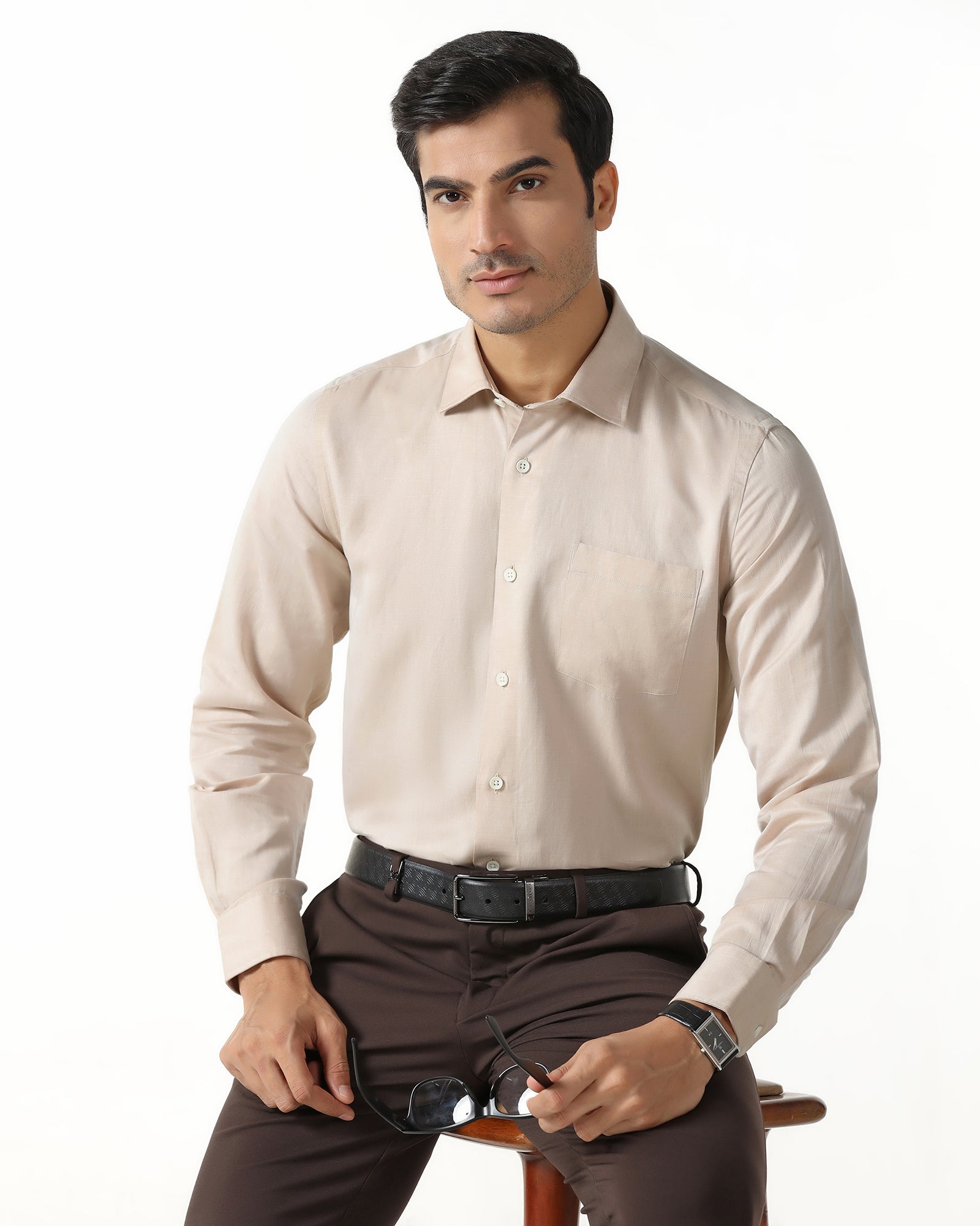 Linen Formal Ochre Solid Shirt - Save