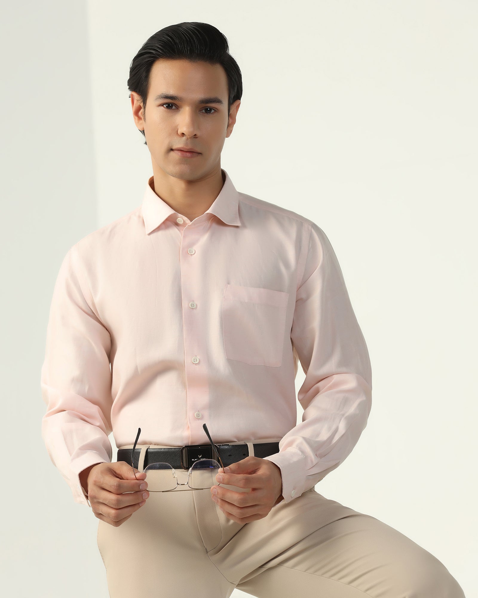 Linen Formal Peach Solid Shirt - Save