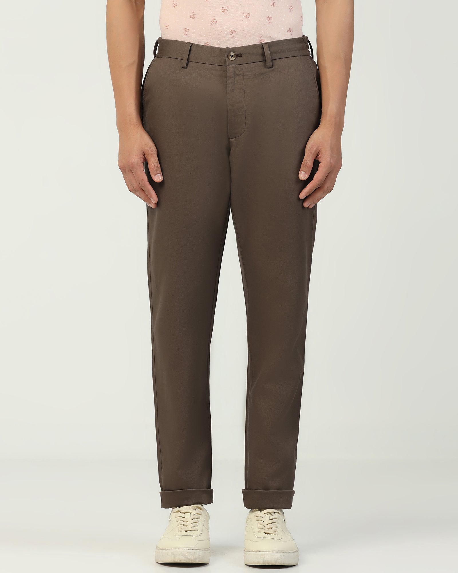 Linen Slim Comfort B-95 Casual Brown Solid Khakis - Edwin