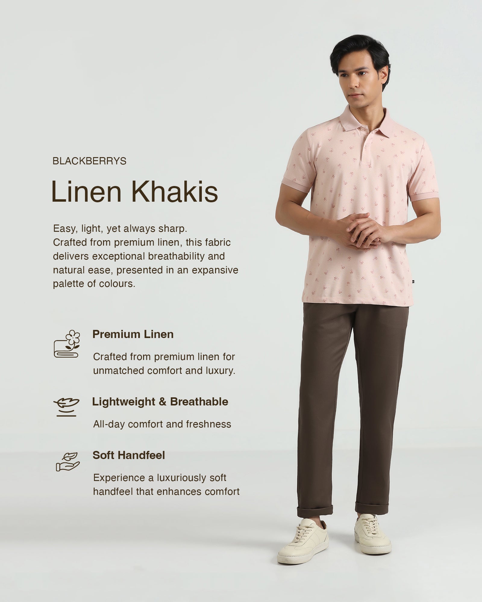 Linen Slim Comfort B-95 Casual Brown Solid Khakis - Edwin