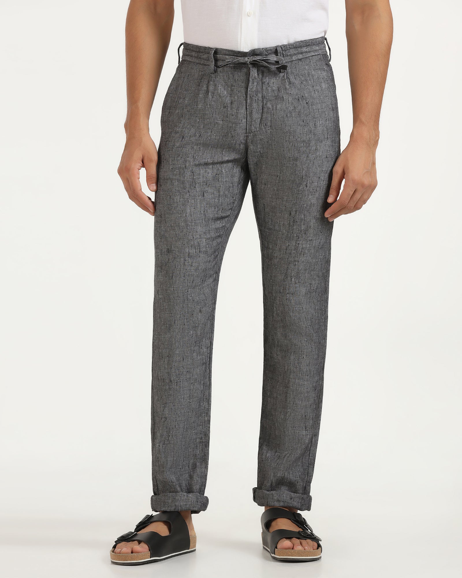 Linen Slim Comfort B-95 Casual Charcoal Solid Khakis - Chales