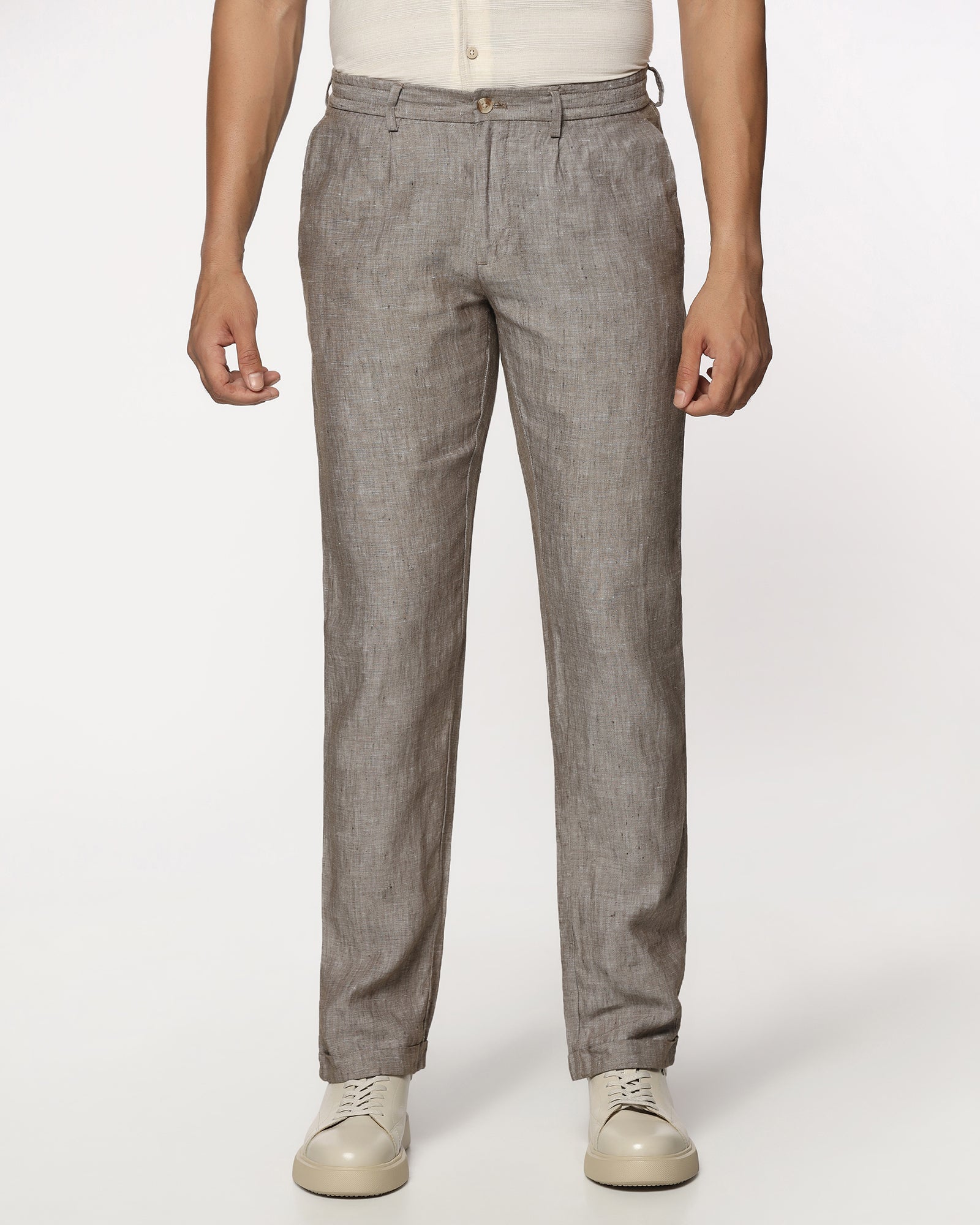 Linen Slim Comfort B-95 Casual Mouse Solid Khakis - Chales