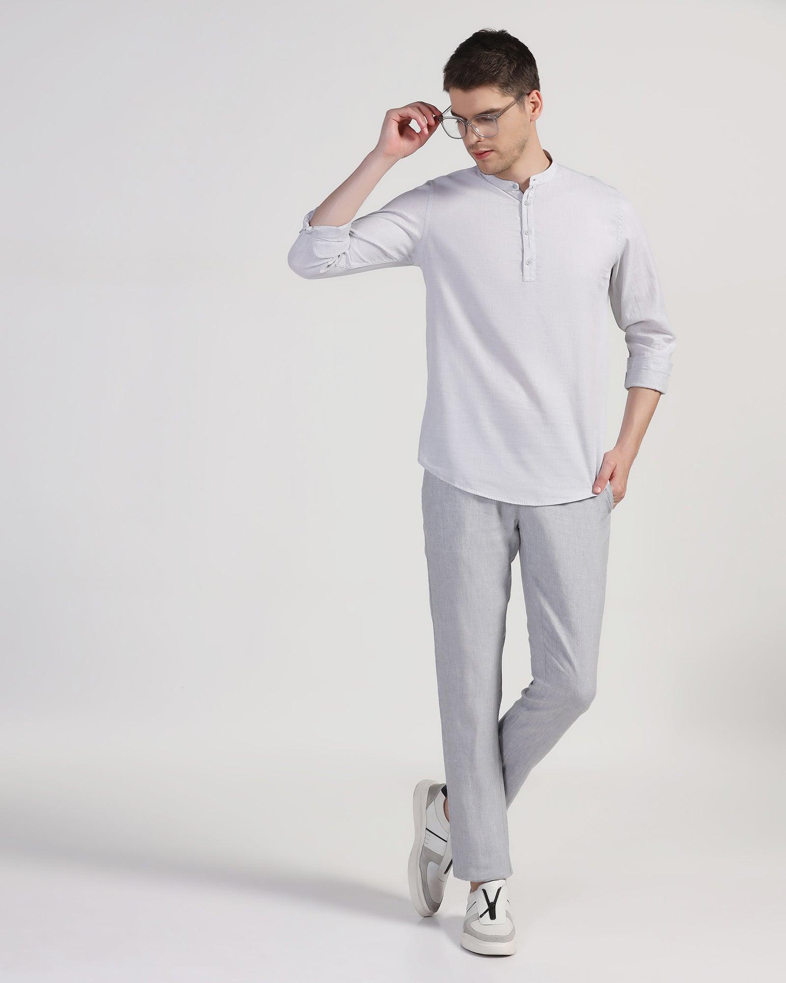 Linen Slim Comfort Casual Light Grey Solid Khaki - Silver - Blackberrys