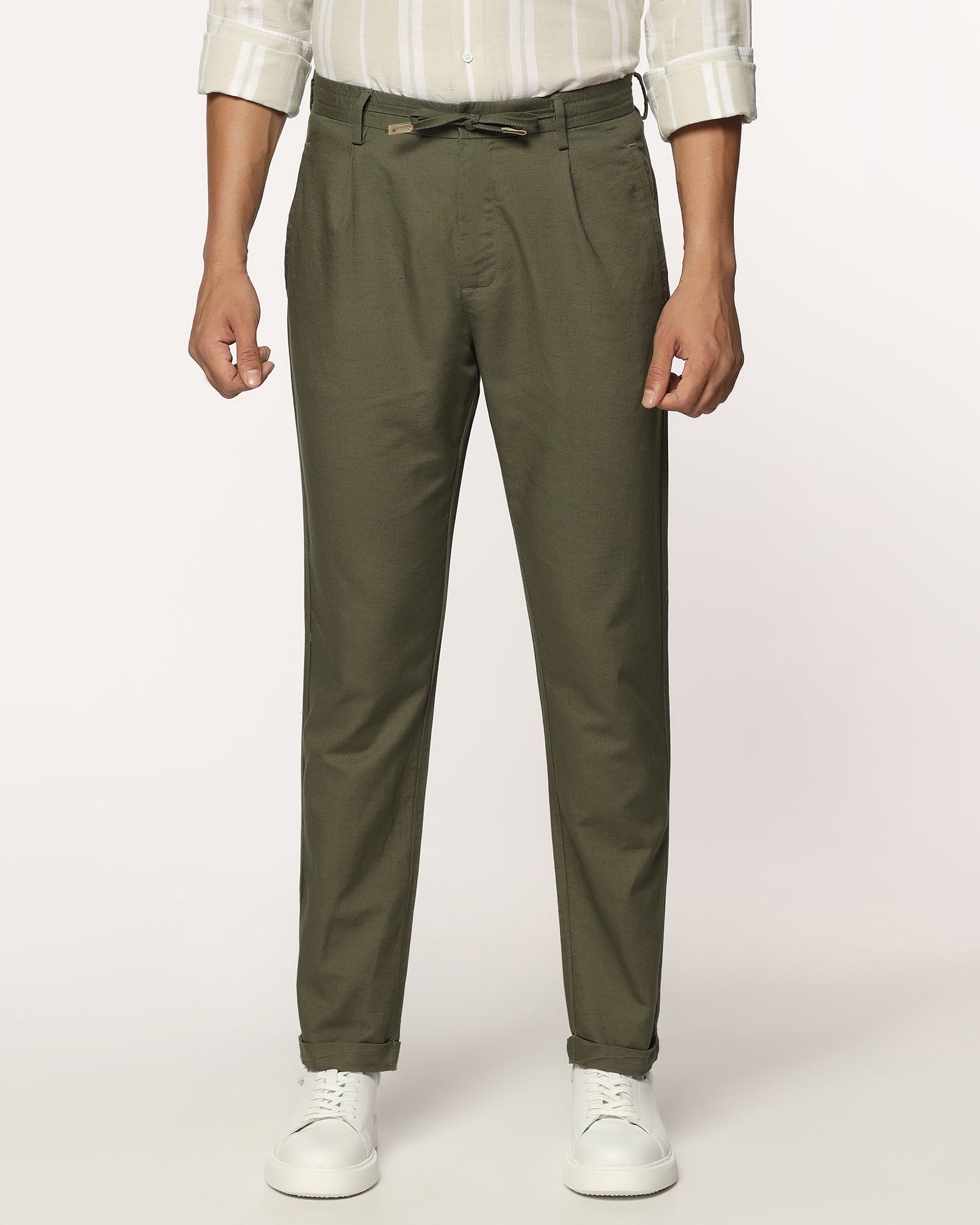 Linen Sneaker Fit Casual Olive Solid Khakis - Kinston