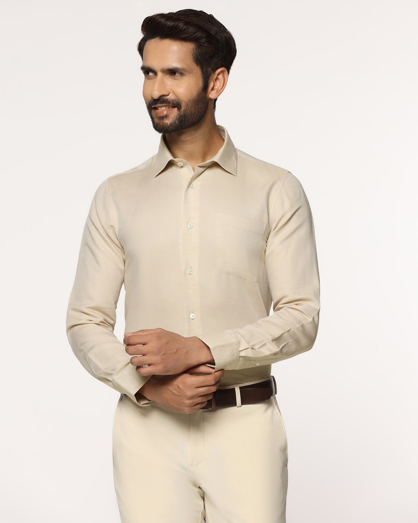 Luxe Linen Formal Beige Textured Shirt - Veltry