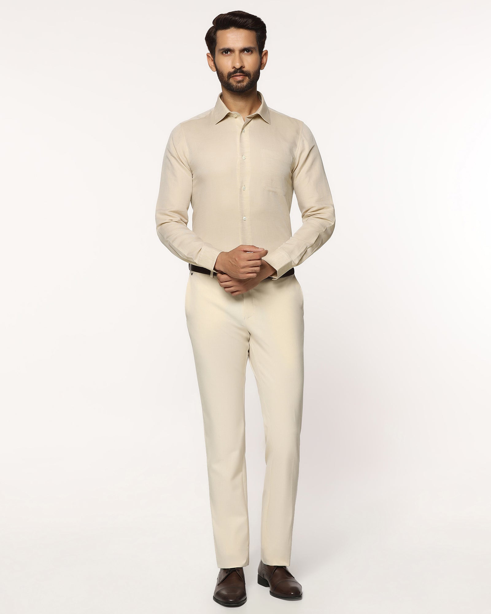 Luxe Linen Formal Beige Textured Shirt - Veltry