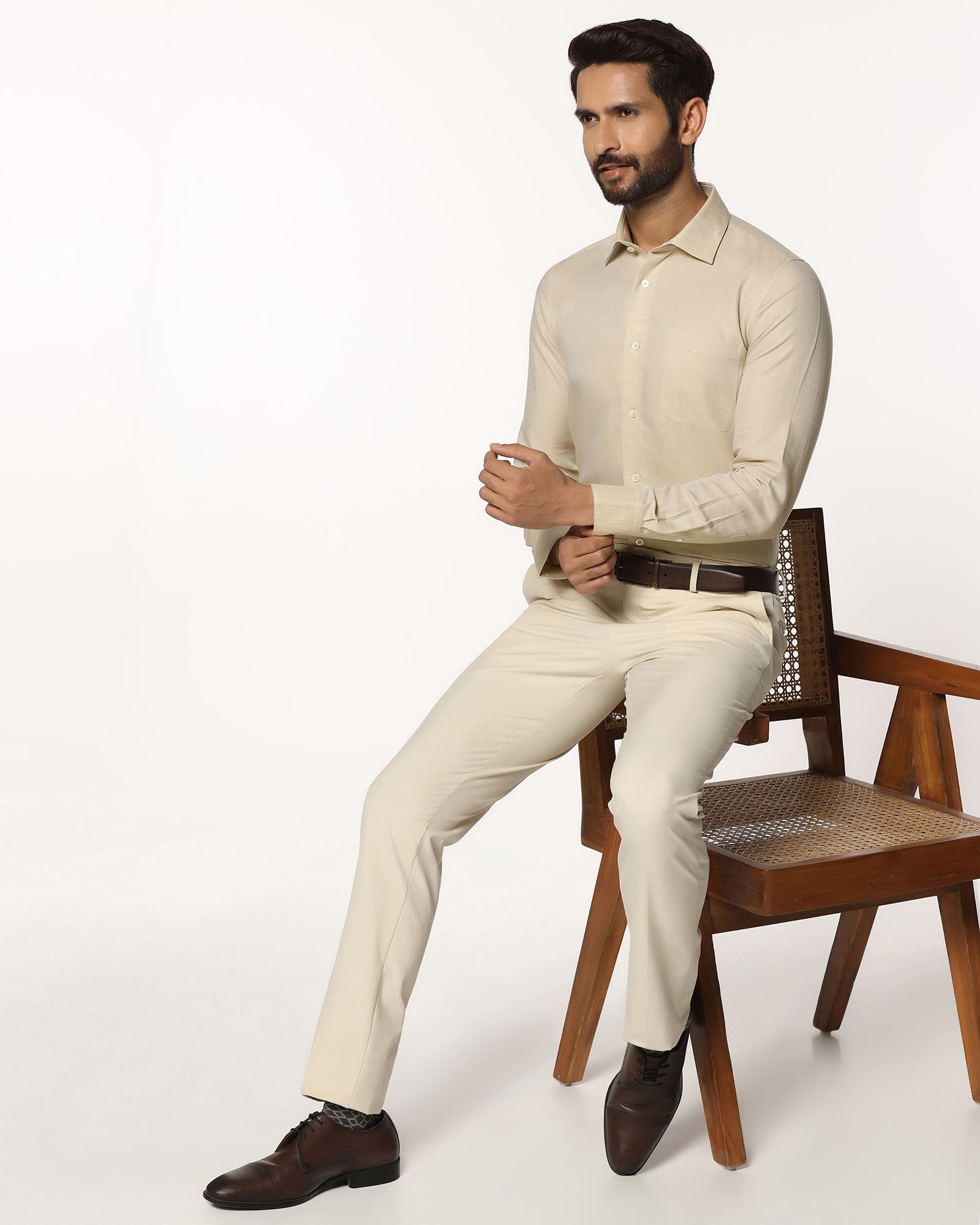 Luxe Linen Formal Beige Textured Shirt - Veltry