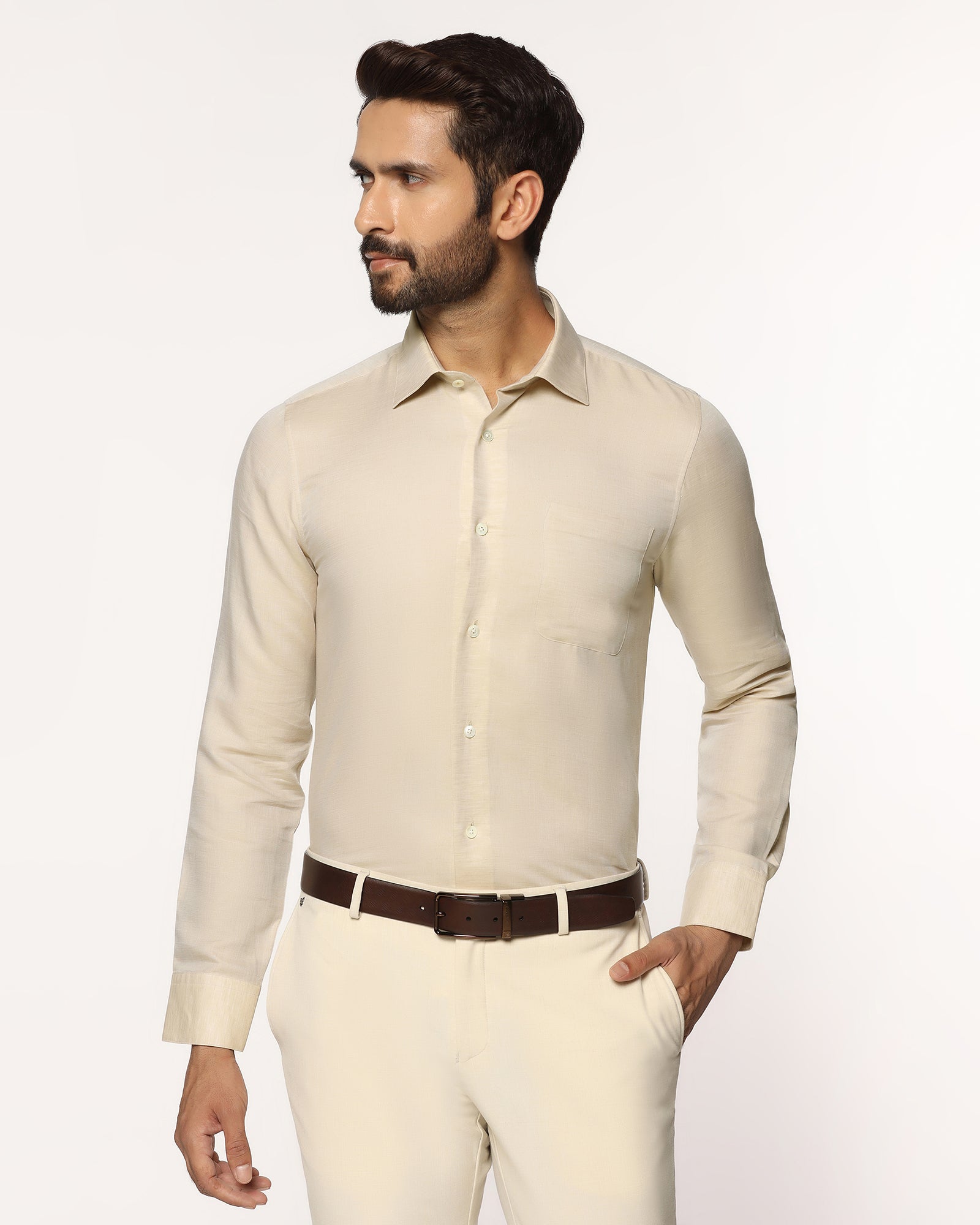 Luxe Linen Formal Beige Textured Shirt - Veltry