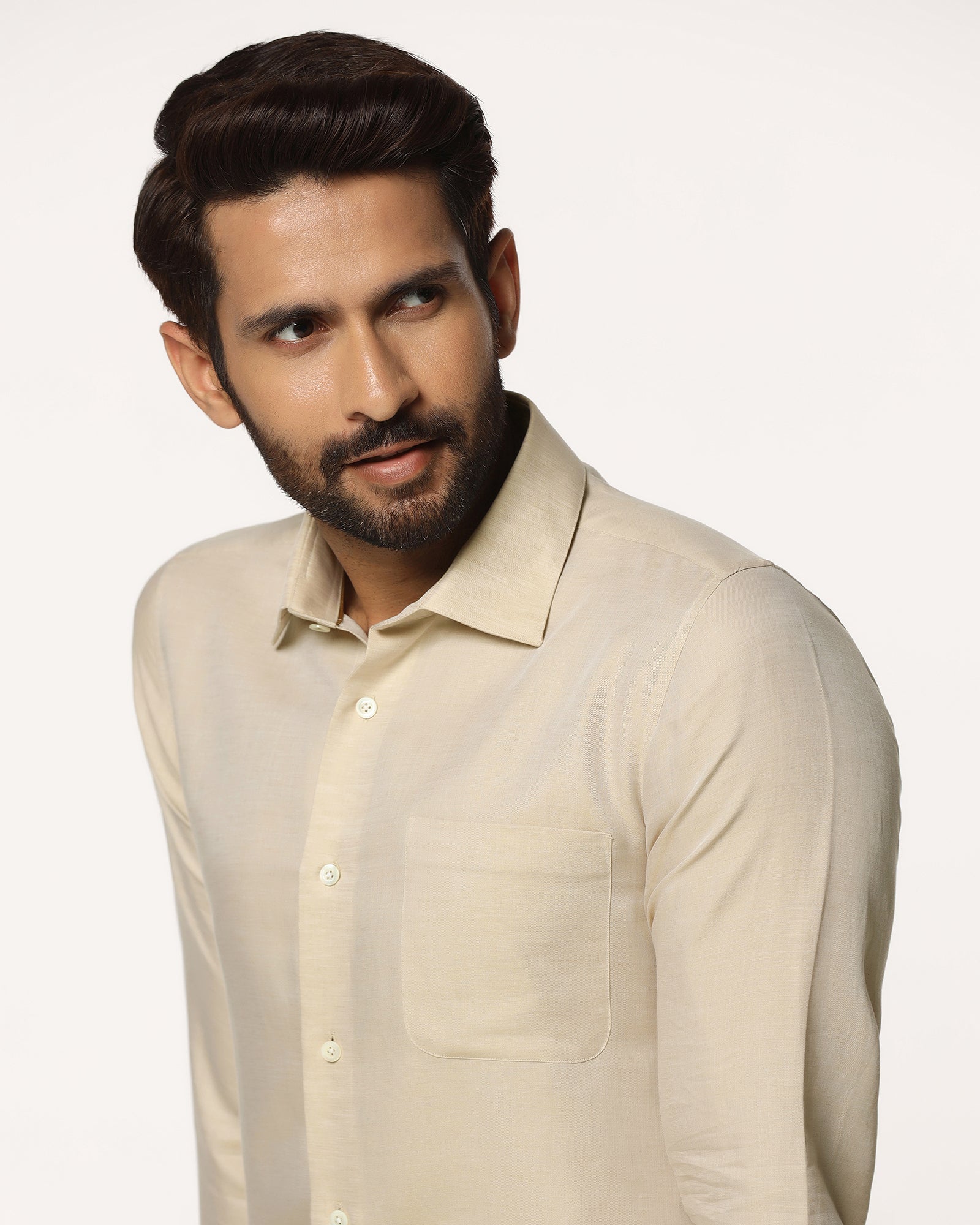 Luxe Linen Formal Beige Textured Shirt - Veltry