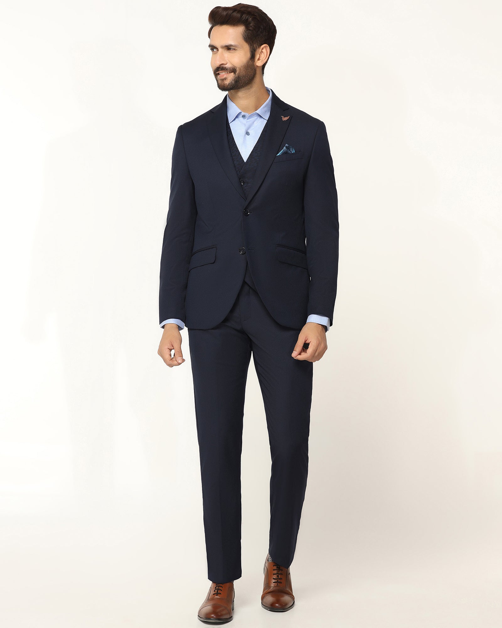 Luxe Three Piece Navy Textured Formal Suit - Garcia